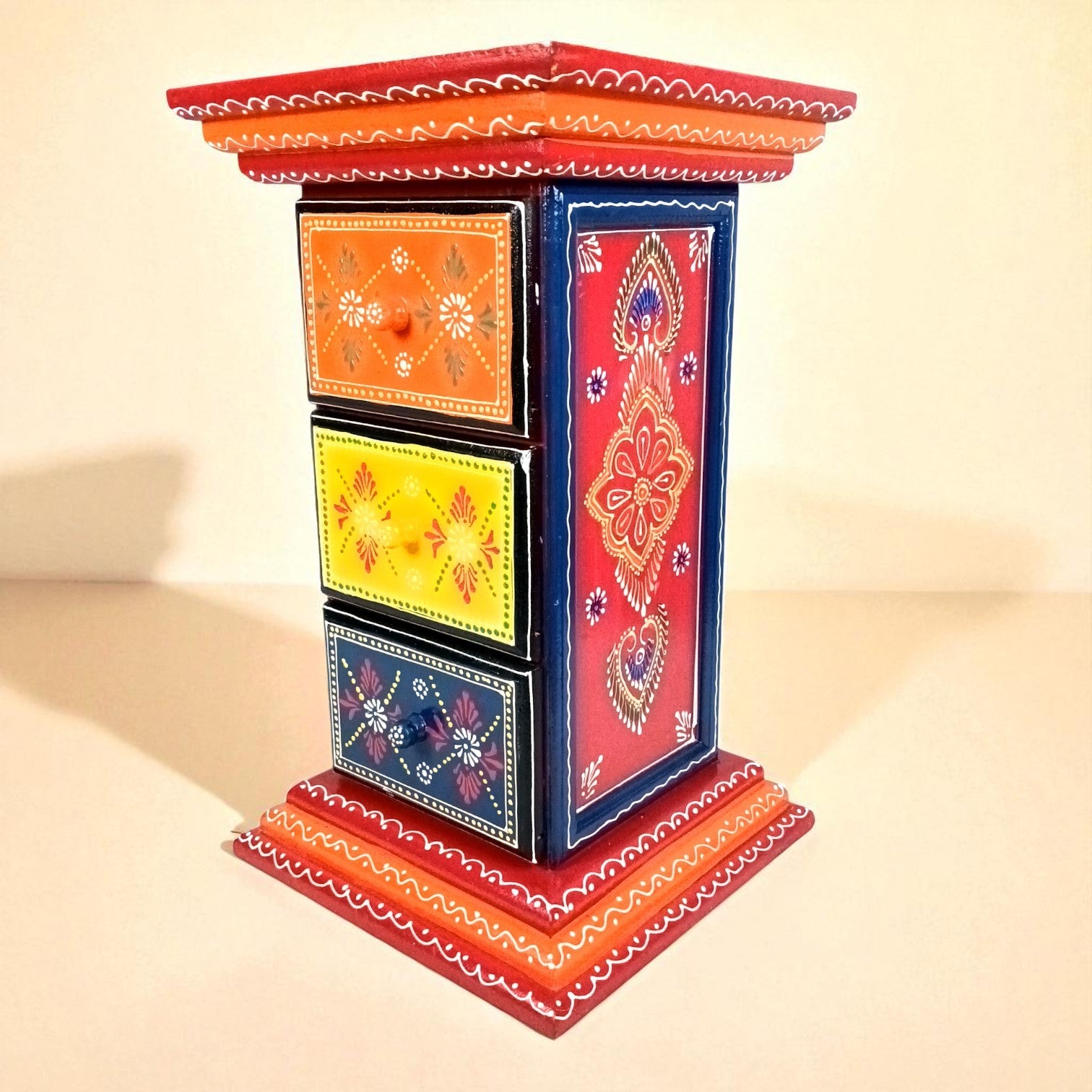 Pillar 3 Drawers Side Table | Traditional Wooden Design Table for Living Room, Bedroom & Office | Home Decor | Decorative Accent Furniture & Showpiece Stand - 18 Inch - Apkamart