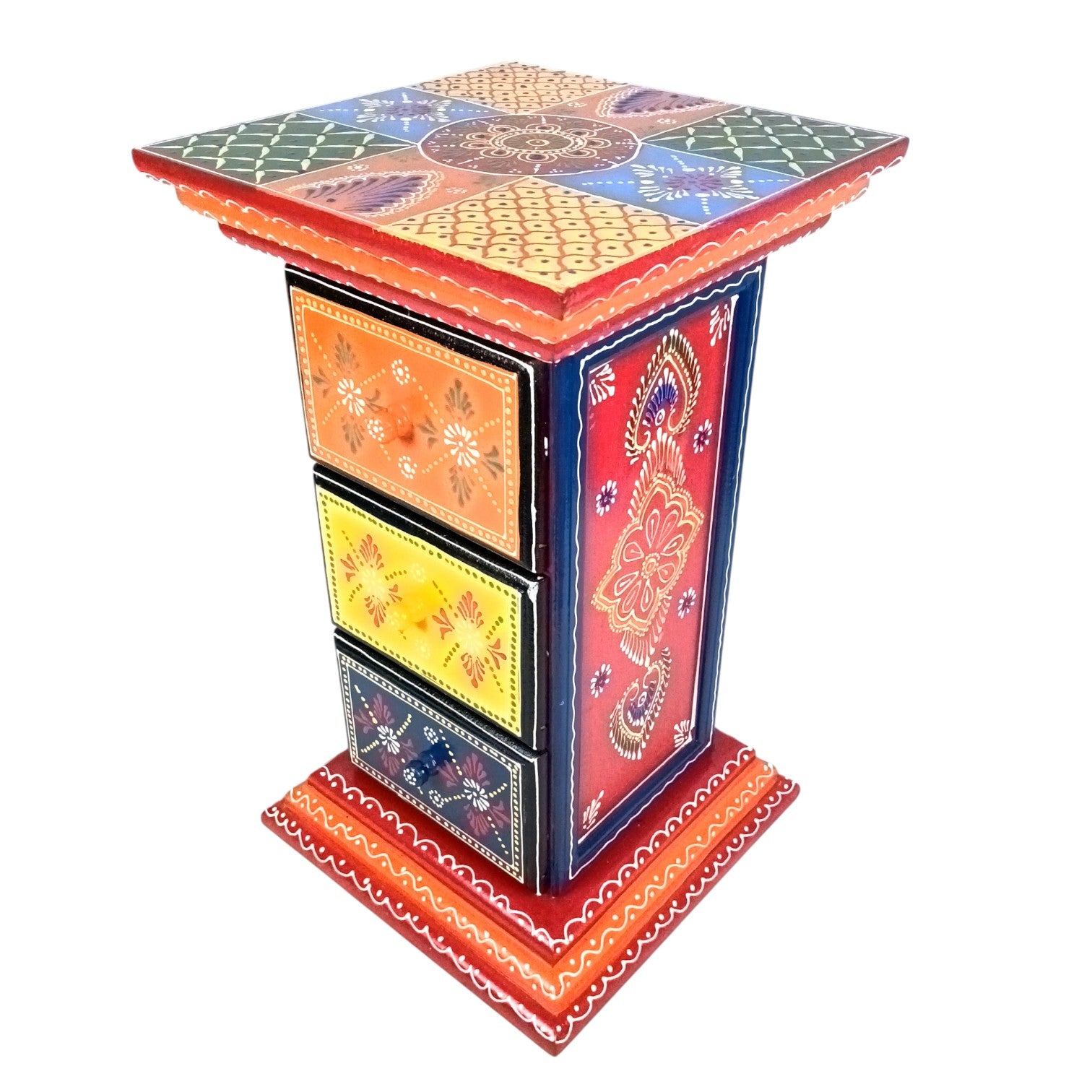 Pillar 3 Drawers Side Table | Traditional Wooden Design Table for Living Room, Bedroom & Office | Home Decor | Decorative Accent Furniture & Showpiece Stand - 18 Inch - Apkamart