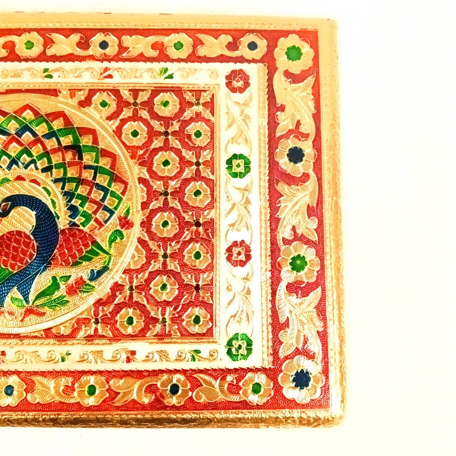 Meenakari Puja Chowki Bajot | Wooden Patla/Peeta for God Idols | Decorative Pooja Chauki for Mandir, Living Room | Traditional Handcrafted Pooja Stool - 14 Inch - Apkamart