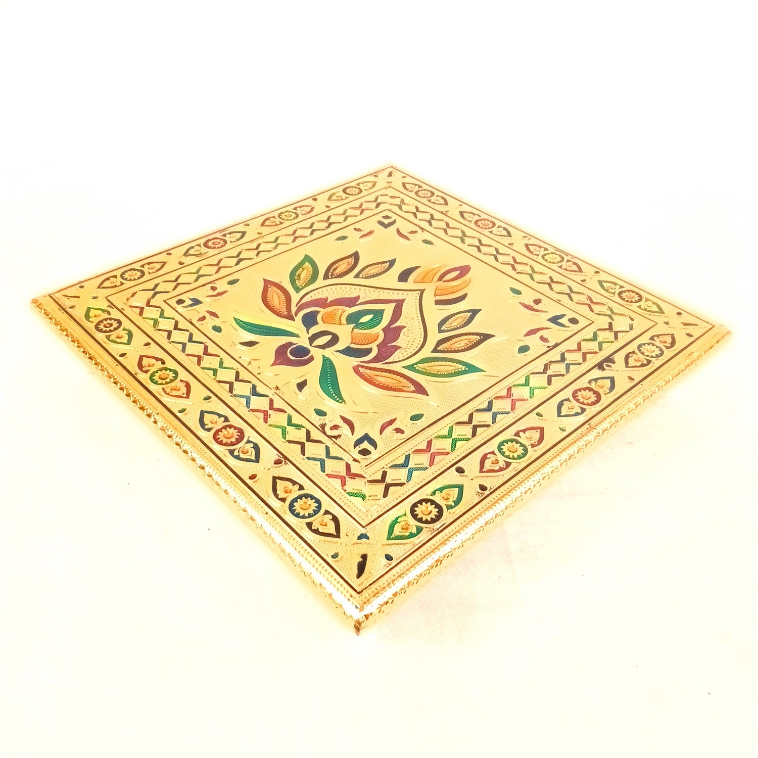 Puja Chowki Bajot Wooden | Wooden Meenakari Pooja Peeta Table | Stool / Aasan for God Idols - for Festivals, Home, living Room, Corner, Mandir Decoration & Gifts - 12 Inch - Apkamart