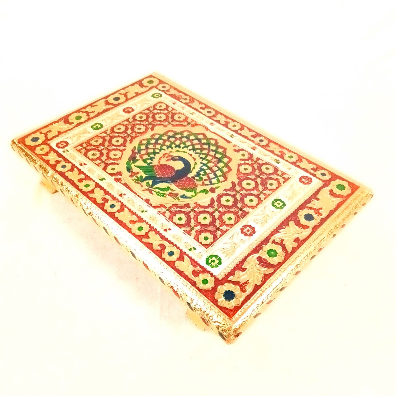 Meenakari Puja Chowki Bajot | Wooden Patla/Peeta for God Idols | Decorative Pooja Chauki for Mandir, Living Room | Traditional Handcrafted Pooja Stool - 14 Inch - Apkamart