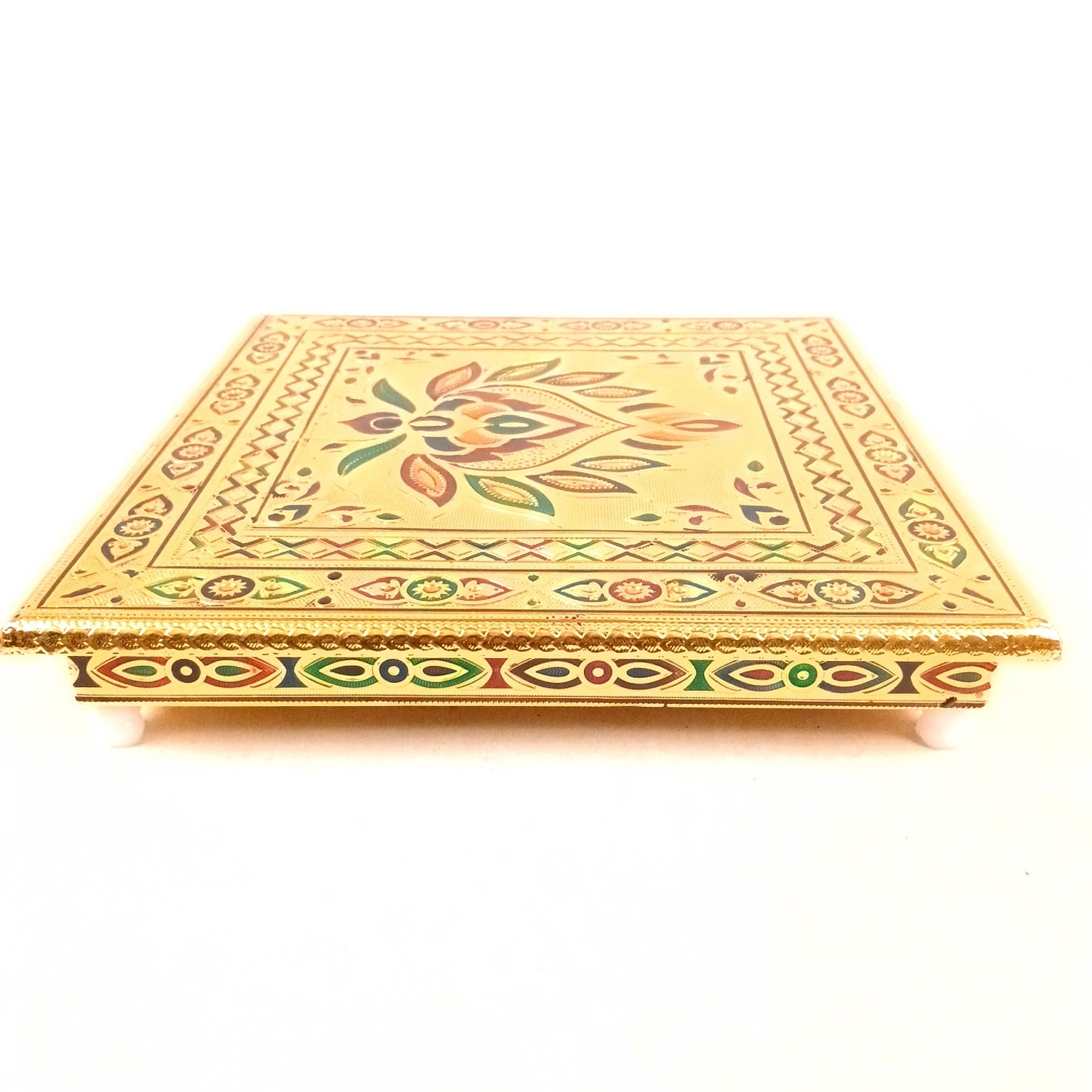 Puja Chowki Bajot Wooden | Wooden Meenakari Pooja Peeta Table | Stool / Aasan for God Idols - for Festivals, Home, living Room, Corner, Mandir Decoration & Gifts - 12 Inch - Apkamart