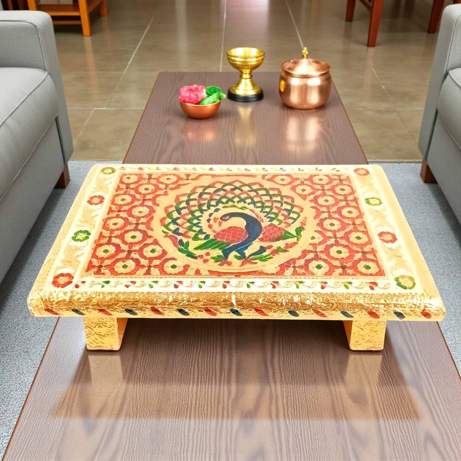 Wooden Puja Peeta Chowki | Stool / Aasan for God Idols |Wooden Pooja Chowki Table - for Festivals, Home, living Room, Corner, Mandir Decoration & Gifts - 12 Inch - Apkamart