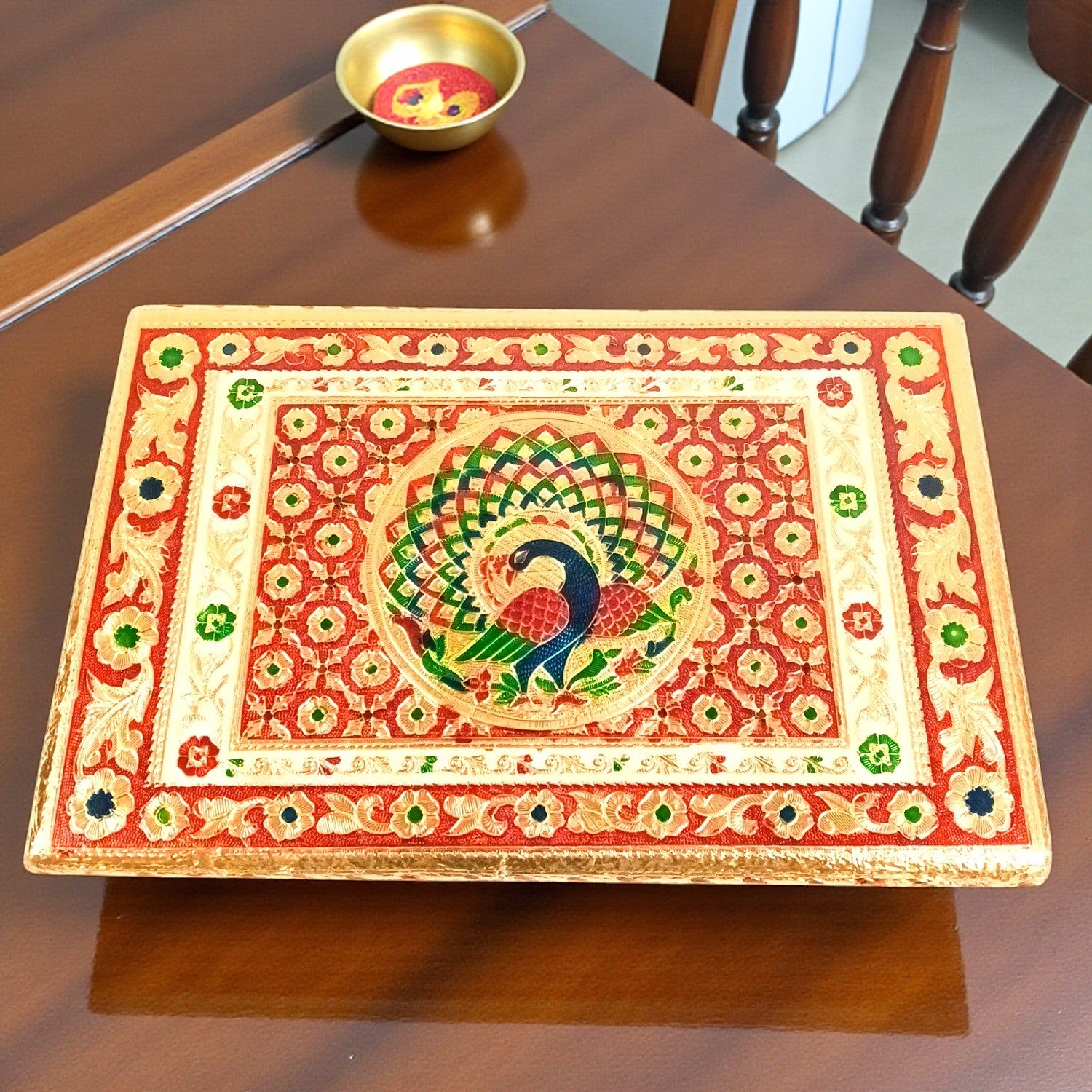 Meenakari Puja Chowki Bajot | Wooden Patla/Peeta for God Idols | Decorative Pooja Chauki for Mandir, Living Room | Traditional Handcrafted Pooja Stool - 14 Inch - Apkamart