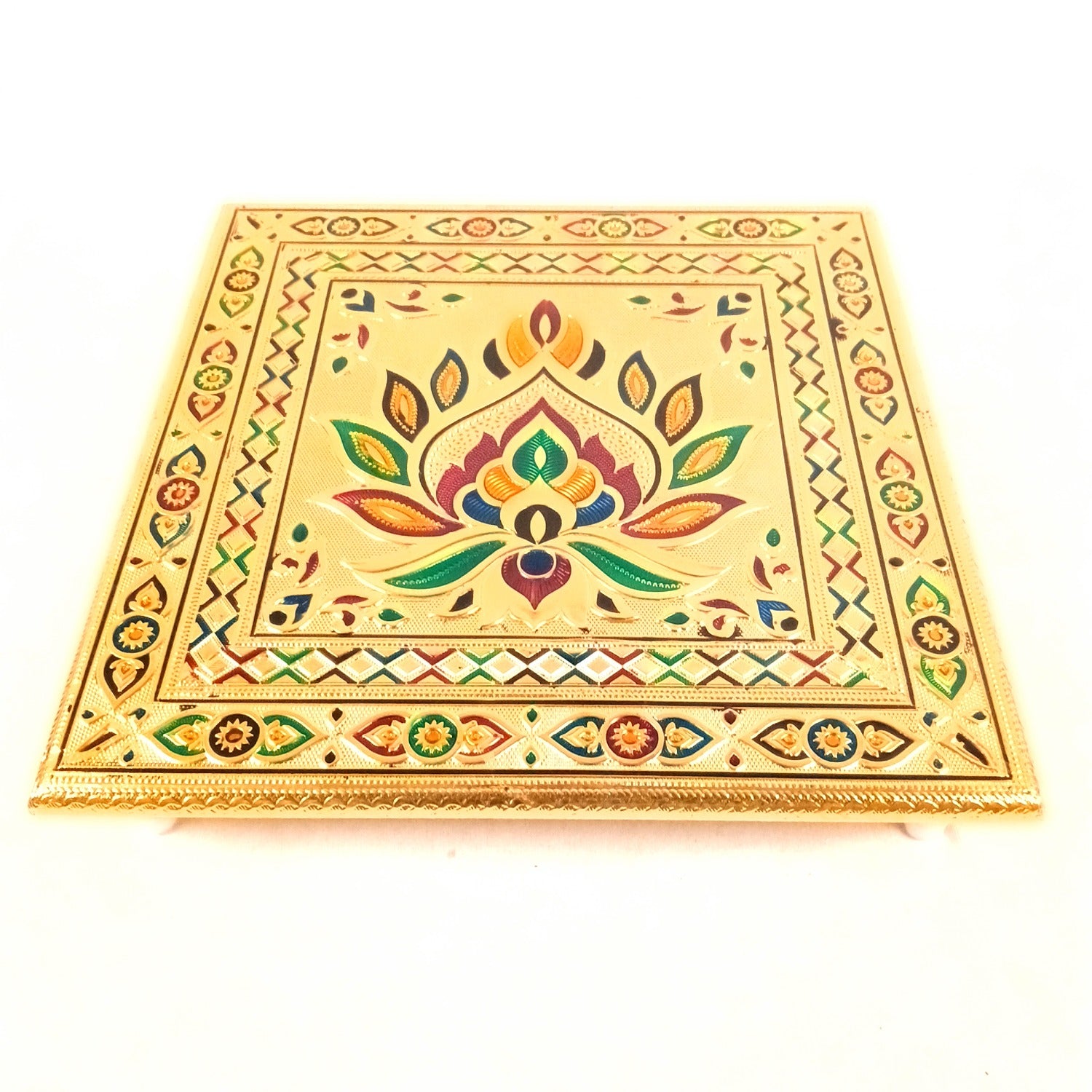 Puja Chowki Bajot Wooden | Wooden Meenakari Pooja Peeta Table | Stool / Aasan for God Idols - for Festivals, Home, living Room, Corner, Mandir Decoration & Gifts - 12 Inch - Apkamart