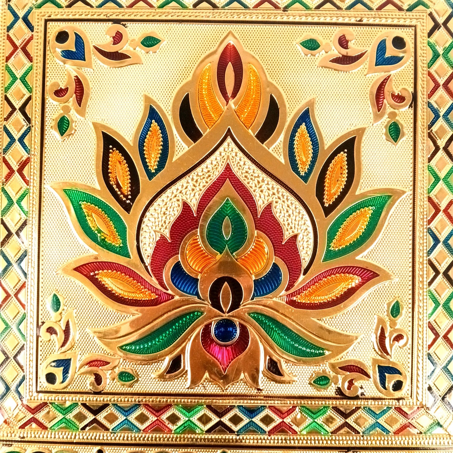 Puja Chowki Bajot Wooden | Wooden Meenakari Pooja Peeta Table | Stool / Aasan for God Idols - for Festivals, Home, living Room, Corner, Mandir Decoration & Gifts - 12 Inch - Apkamart