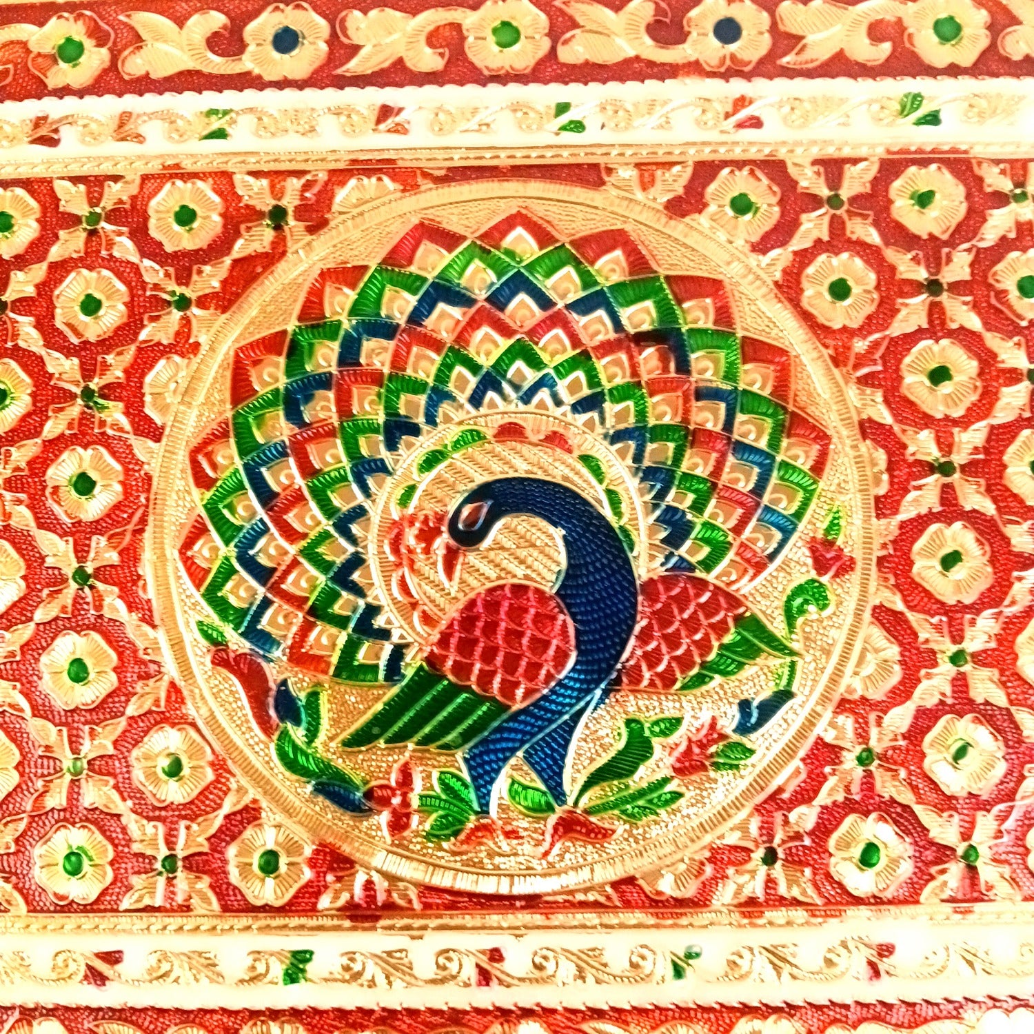 Meenakari Puja Chowki Bajot | Wooden Patla/Peeta for God Idols | Decorative Pooja Chauki for Mandir, Living Room | Traditional Handcrafted Pooja Stool - 14 Inch - Apkamart