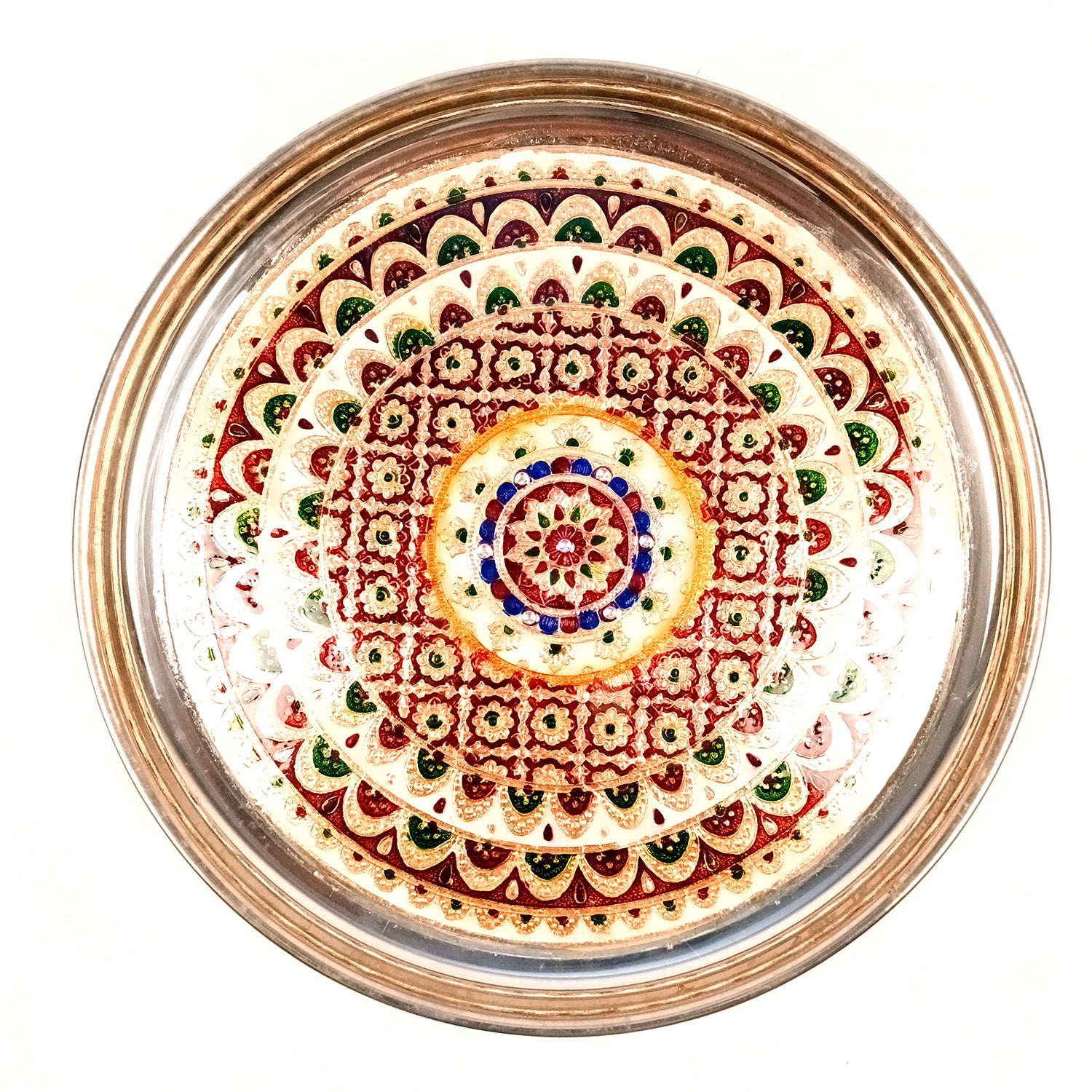 Puja Thali | Aarti Plate with Meenakari Work & Peacock Design - for Pooja, Weddings, Temple, Rakhi, Karwachauth & Festival Decor - 16 Inch - Apkamart