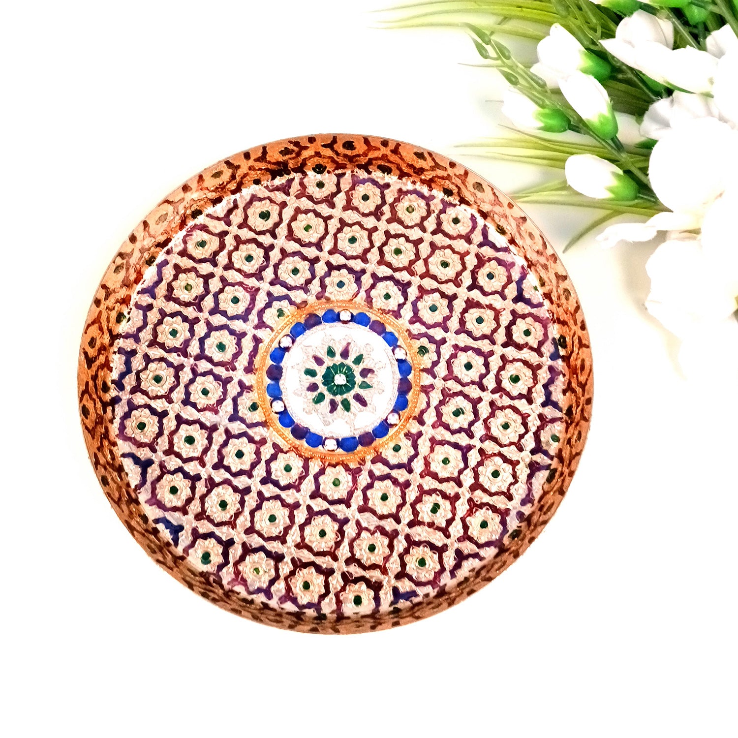 Aarti Thal | Meenakari Pooja Thali Plate Design - For Puja, Temple, Rakhi, Diwali, Karwa Chauth, weddings & Festivals - 10 Inch - Apkamart #Size_10 Inch