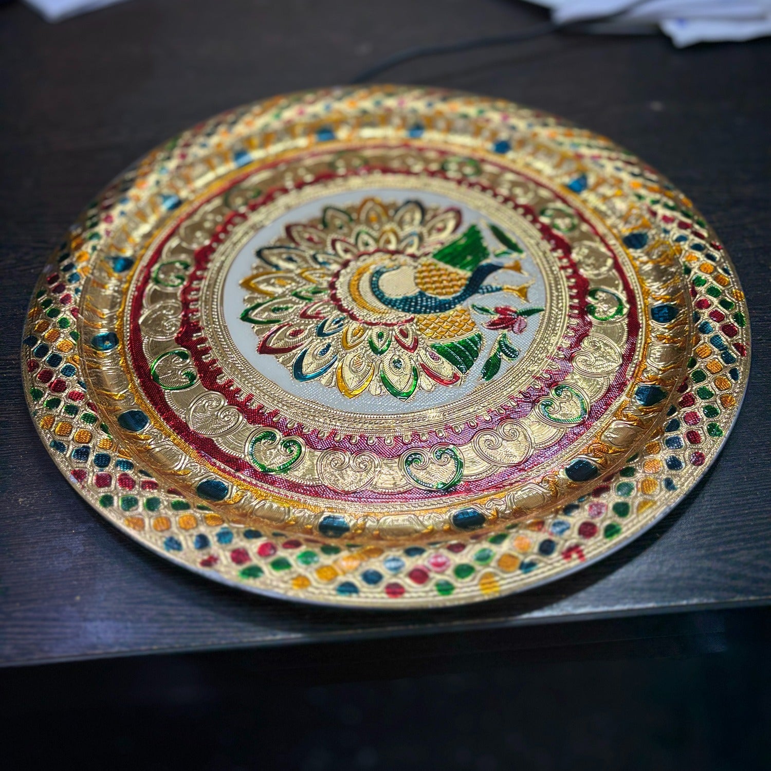 Peacock Design Pooja Thali for Diwali Karwa Chauth Festival | Decorative Pooja Thali for Home Mandir Temple and Religious Occasions - 13 Inch - Apkamart