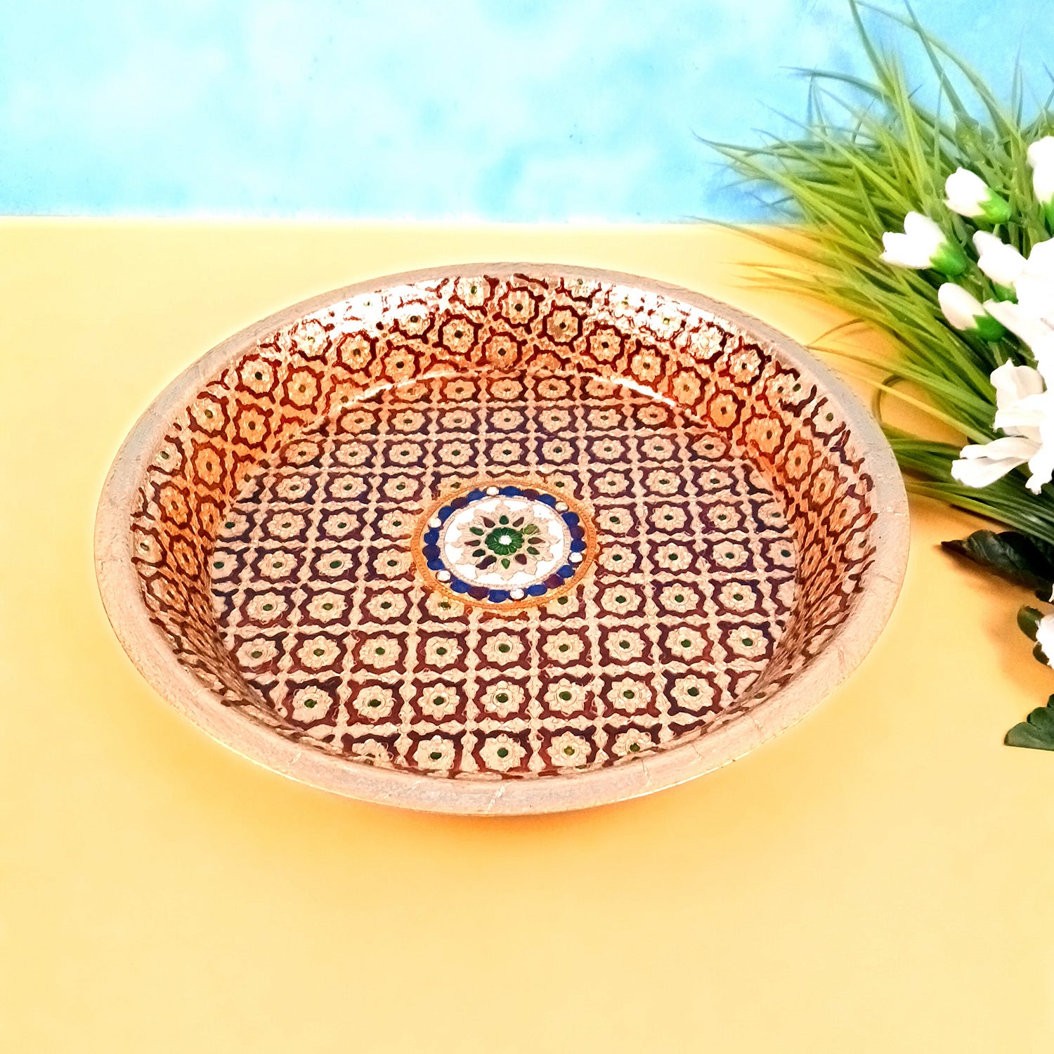 Puja Thali | Aarti Plate with Meenakari Work & Peacock Design - for Pooja, Weddings, Temple, Rakhi, Karwachauth & Festival Decor - 14 Inch - Apkamart #Style_Design 1