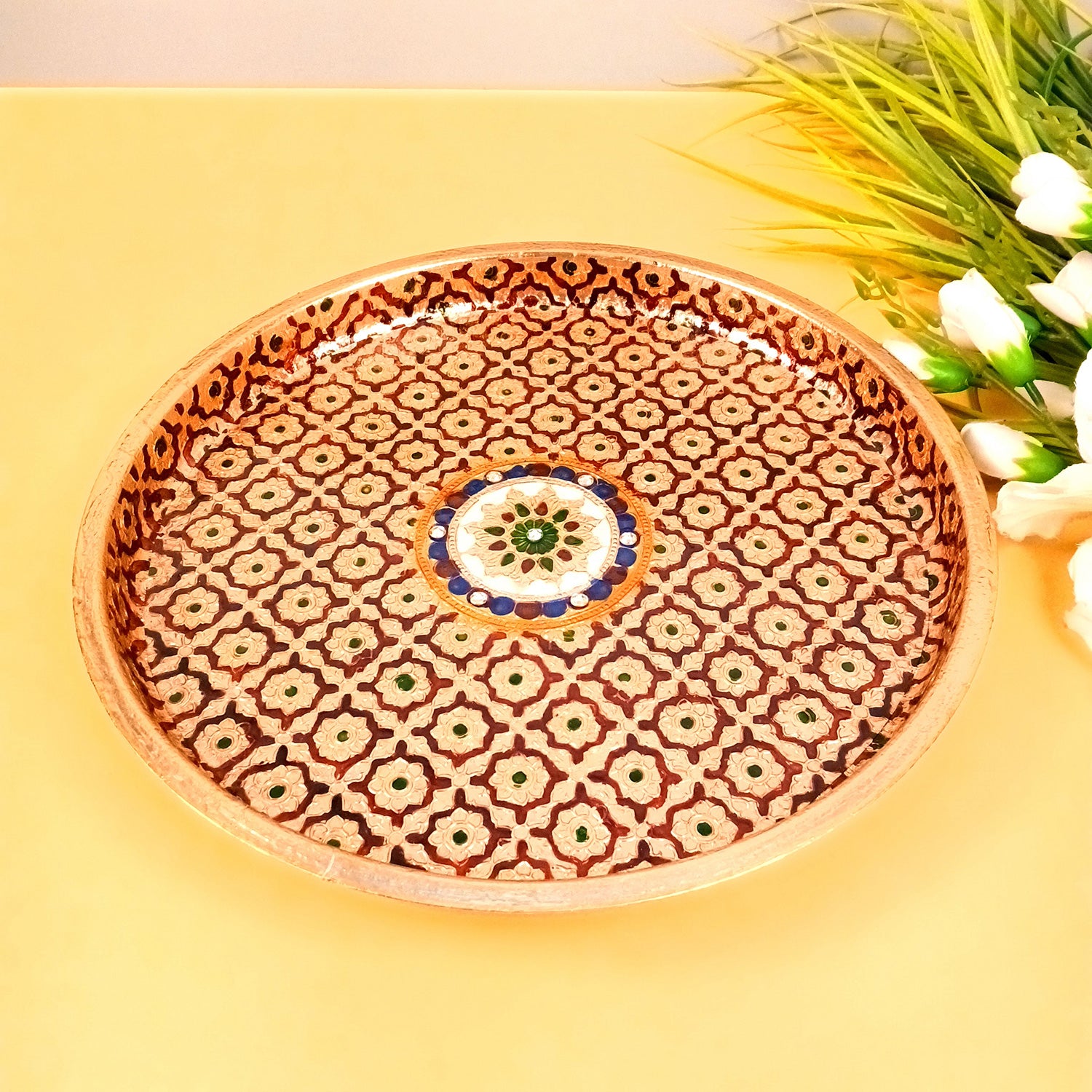 Pooja Thali Steel | Minakari Aarti Plate - Design - For Puja, Temple, Rakhi, Diwali, Karwa Chauth, weddings & Festivals - 13 Inch - Apkamart #Style_Design 1