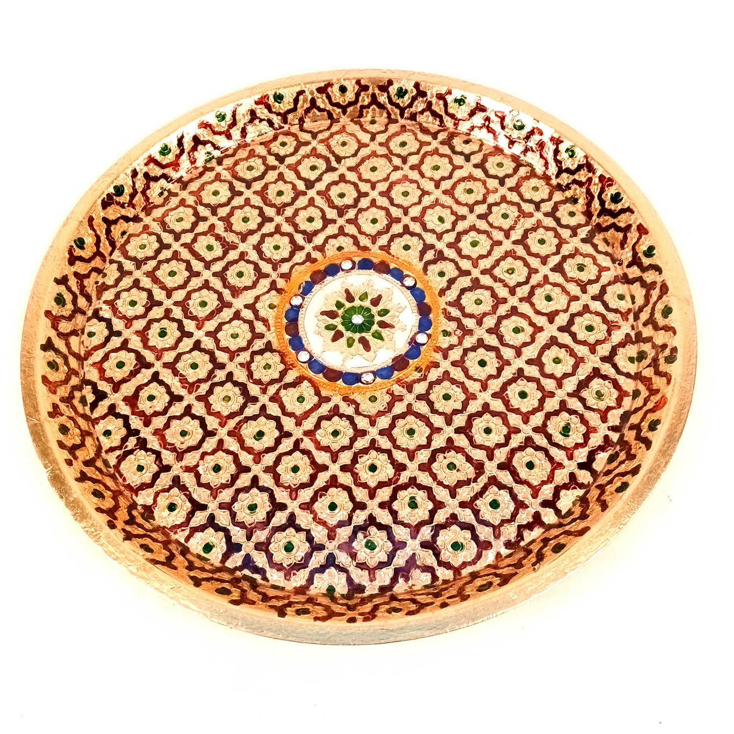 Pooja Thali Steel | Minakari Aarti Plate - Design - For Puja, Temple, Rakhi, Diwali, Karwa Chauth, weddings & Festivals - 13 Inch - Apkamart #Style_Design 1