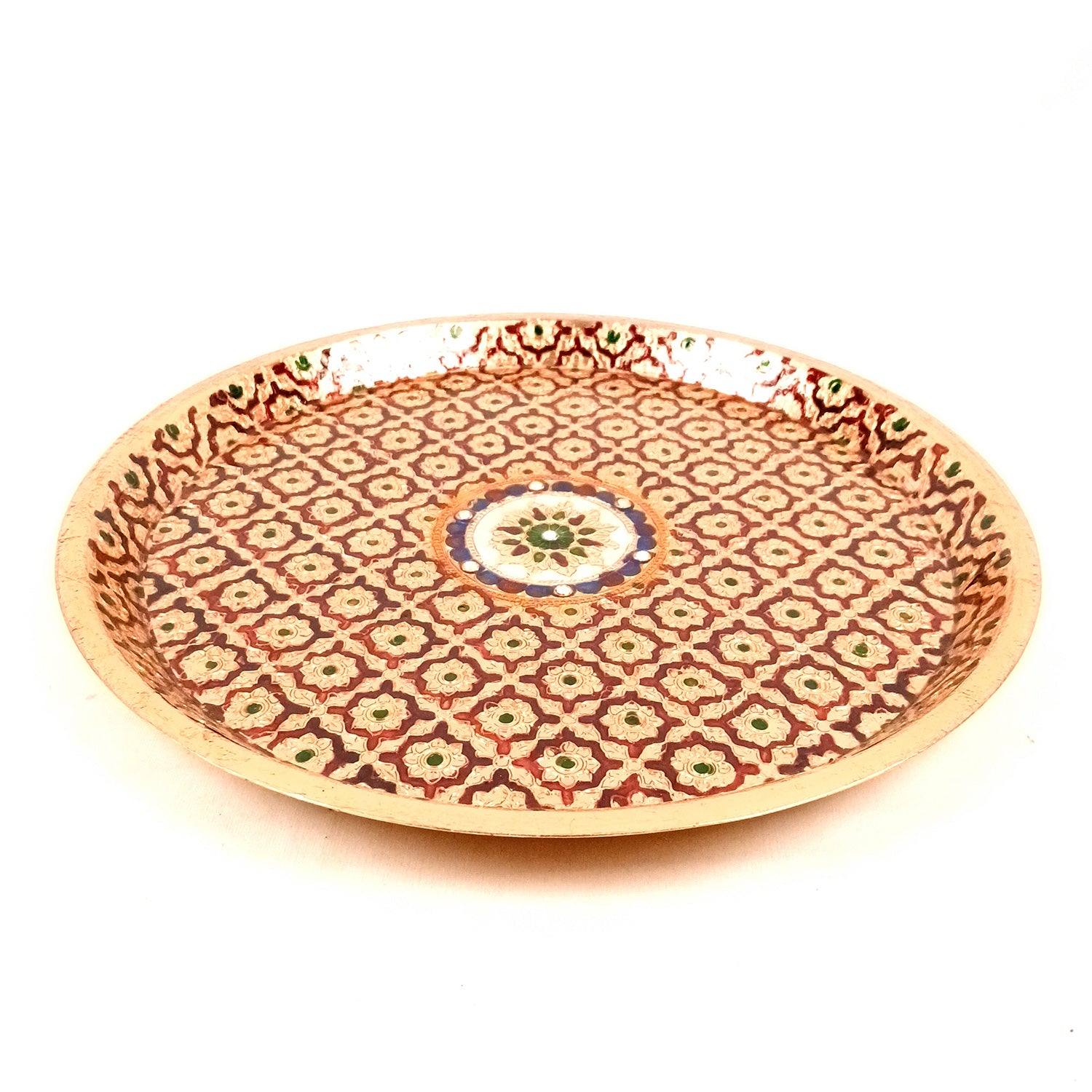 Pooja Thali Steel | Minakari Aarti Plate - Design - For Puja, Temple, Rakhi, Diwali, Karwa Chauth, weddings & Festivals - 13 Inch - Apkamart #Style_Design 1