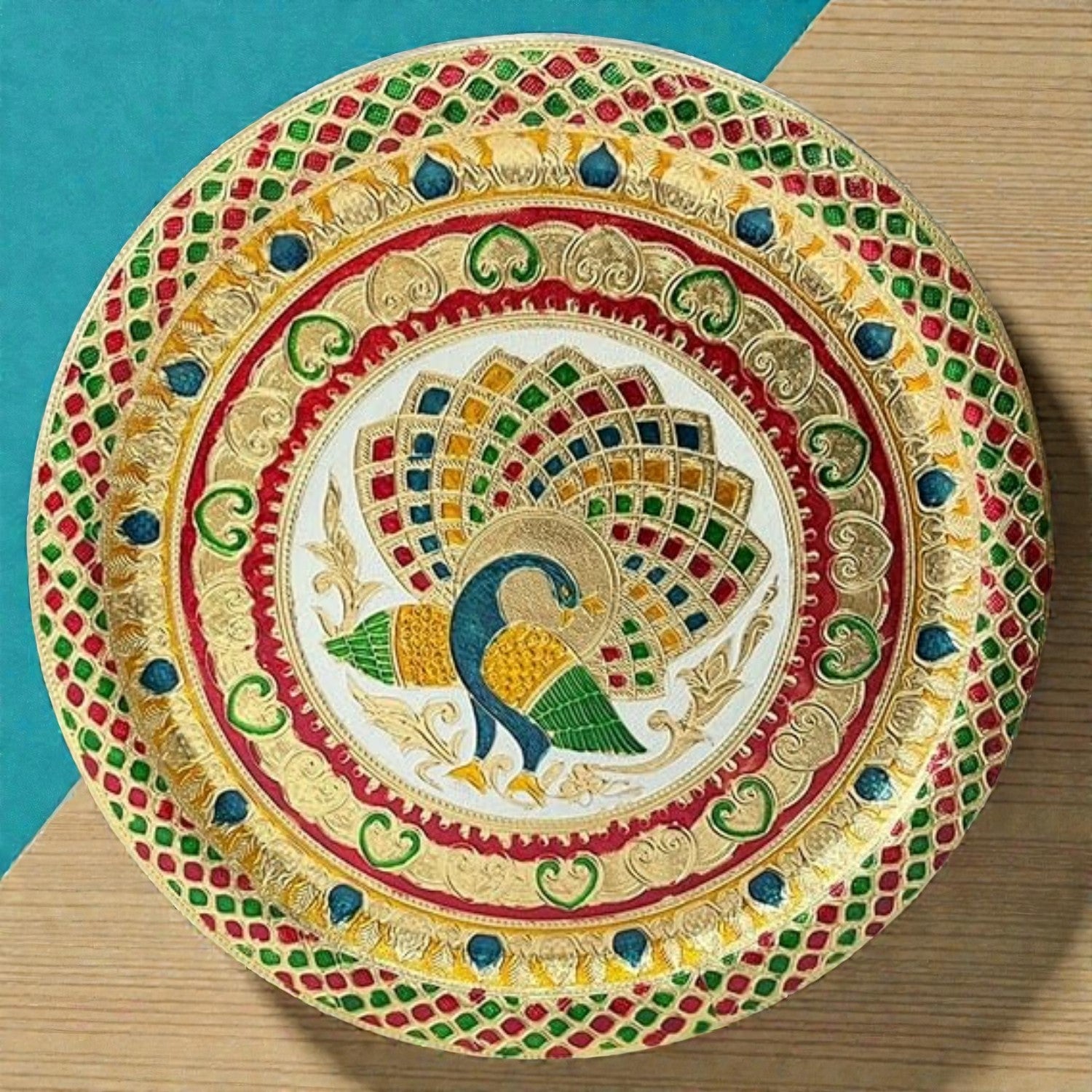 Peacock Design Pooja Thali for Diwali Karwa Chauth Festival | Decorative Pooja Thali for Home Mandir Temple and Religious Occasions - 13 Inch - Apkamart