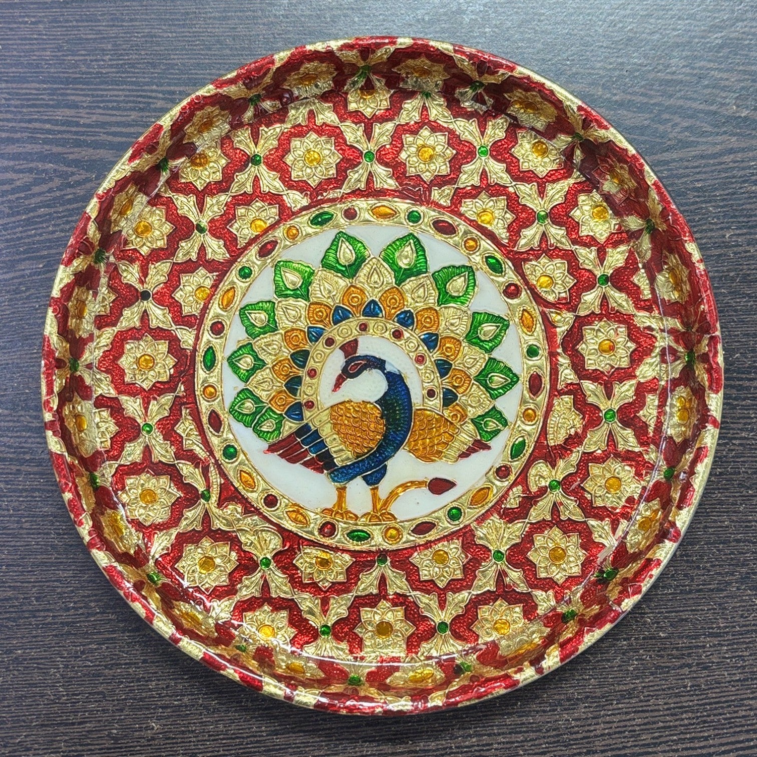 Peacock Design Pooja Thali for Diwali Karwa Chauth Festival | Decorative Pooja Thali for Home Mandir Temple and Religious Occasions - 8 Inch - Apkamart