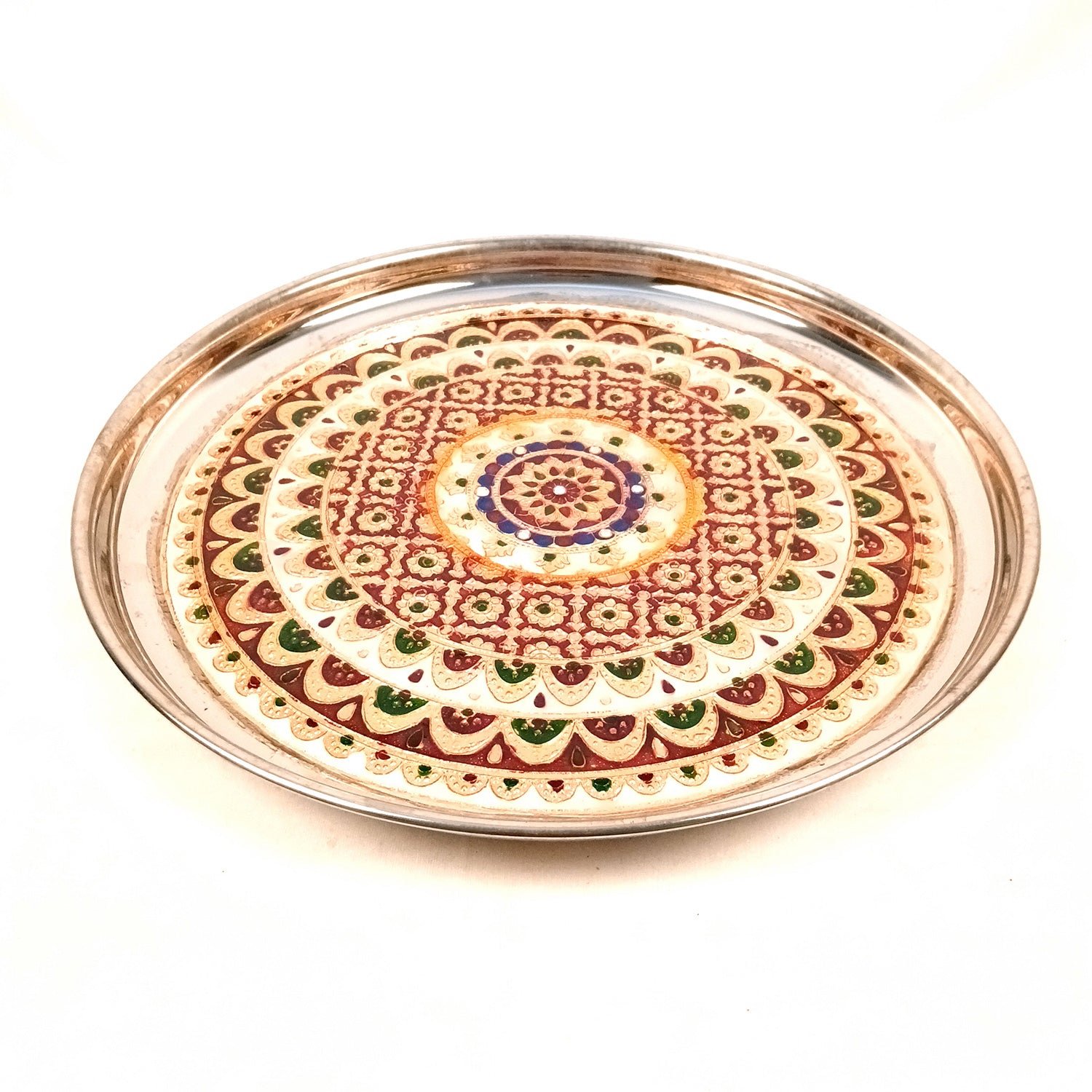 Puja Thali | Aarti Plate with Meenakari Work & Peacock Design - for Pooja, Weddings, Temple, Rakhi, Karwachauth & Festival Decor - 16 Inch - Apkamart