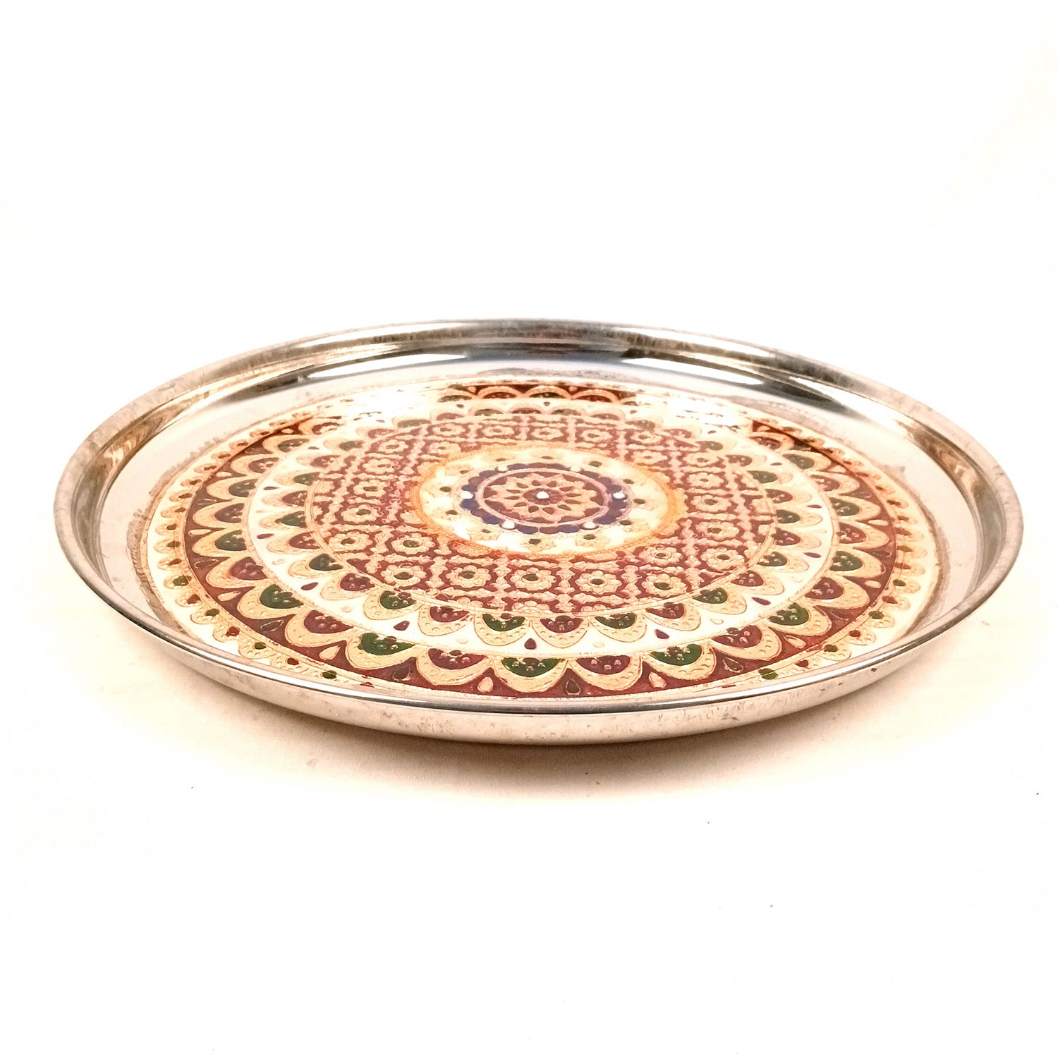 Puja Thali | Aarti Plate with Meenakari Work & Peacock Design - for Pooja, Weddings, Temple, Rakhi, Karwachauth & Festival Decor - 16 Inch - Apkamart