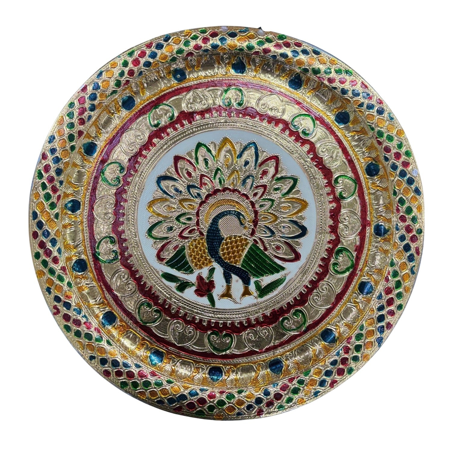 Peacock Design Pooja Thali for Diwali Karwa Chauth Festival | Decorative Pooja Thali for Home Mandir Temple and Religious Occasions - 13 Inch - Apkamart