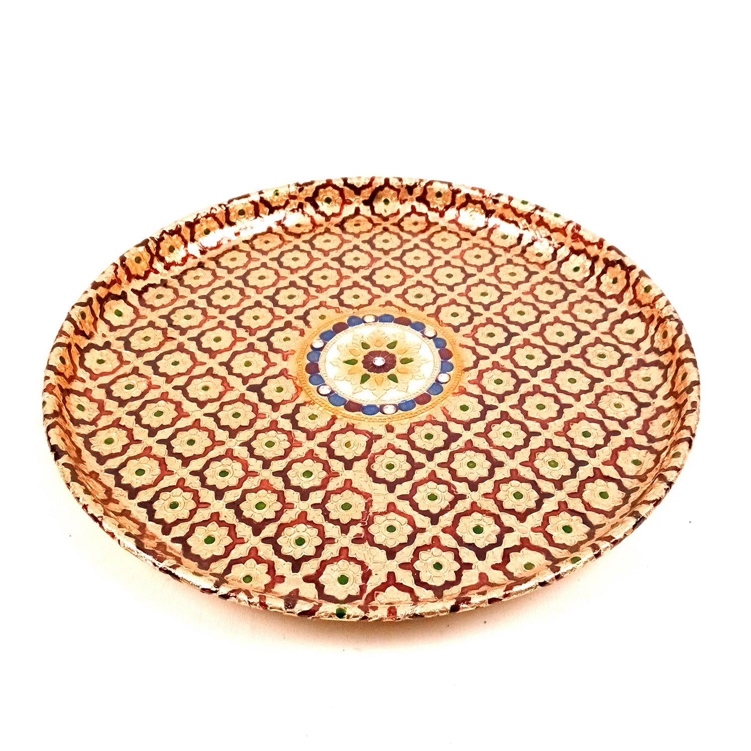 Pooja Thali Steel | Minakari Aarti Plate - Design - For Puja, Temple, Rakhi, Diwali, Karwa Chauth, weddings & Festivals - 13 Inch - Apkamart #Style_Design 2