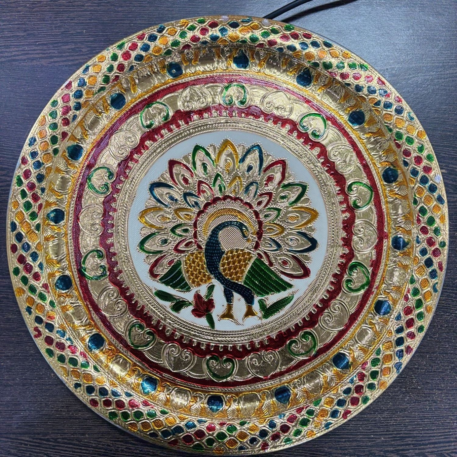 Peacock Design Pooja Thali for Diwali Karwa Chauth Festival | Decorative Pooja Thali for Home Mandir Temple and Religious Occasions - 13 Inch - Apkamart
