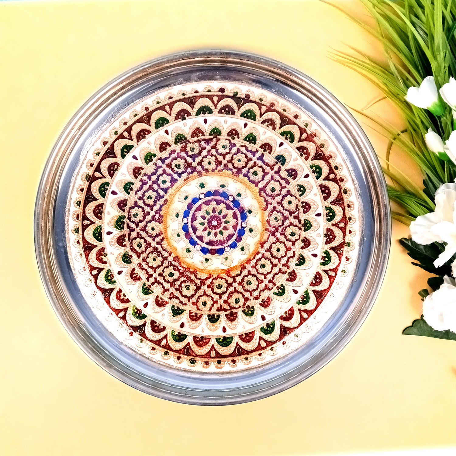 Puja Thali | Aarti Plate with Meenakari Work & Peacock Design - for Pooja, Weddings, Temple, Rakhi, Karwachauth & Festival Decor - 16 Inch - Apkamart