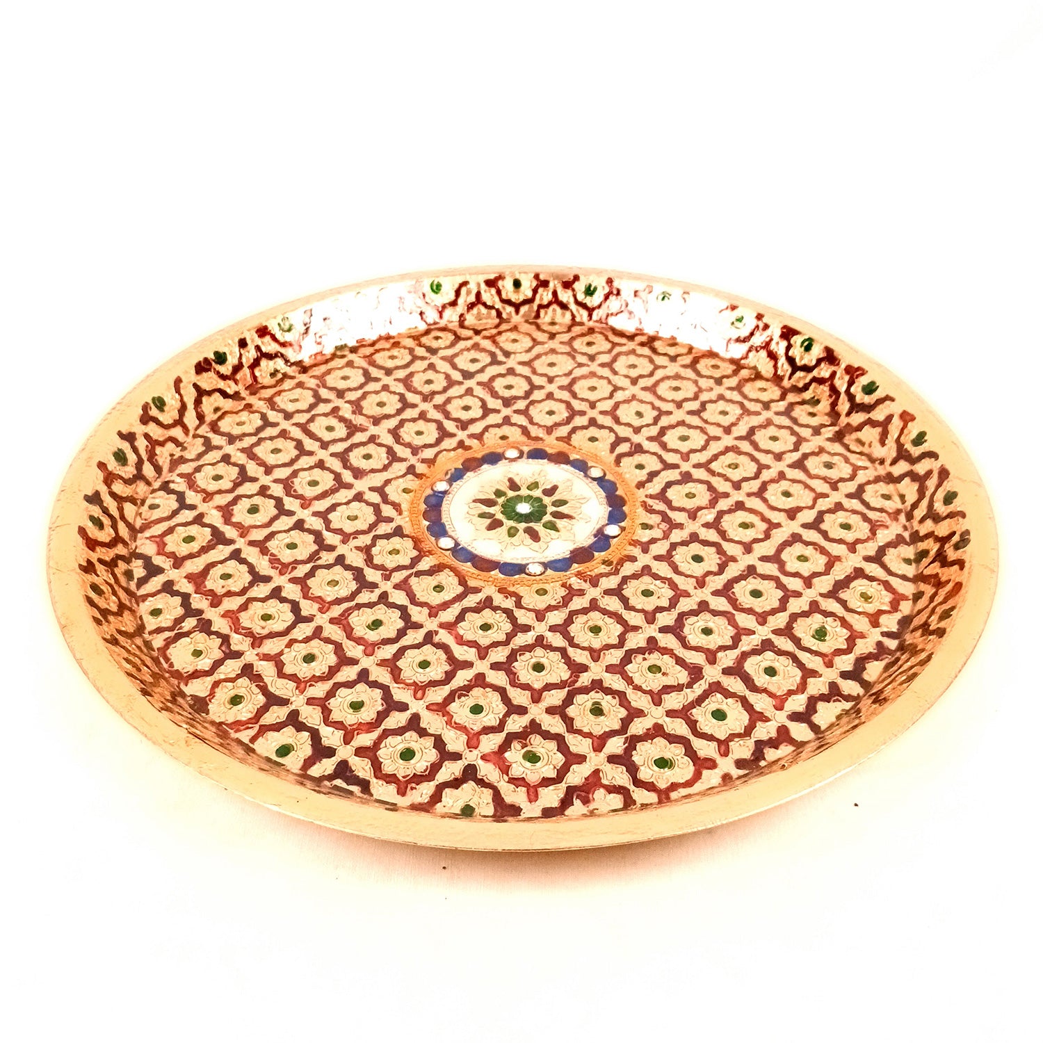 Pooja Thali Steel | Minakari Aarti Plate - Design - For Puja, Temple, Rakhi, Diwali, Karwa Chauth, weddings & Festivals - 13 Inch - Apkamart #Style_Design 1