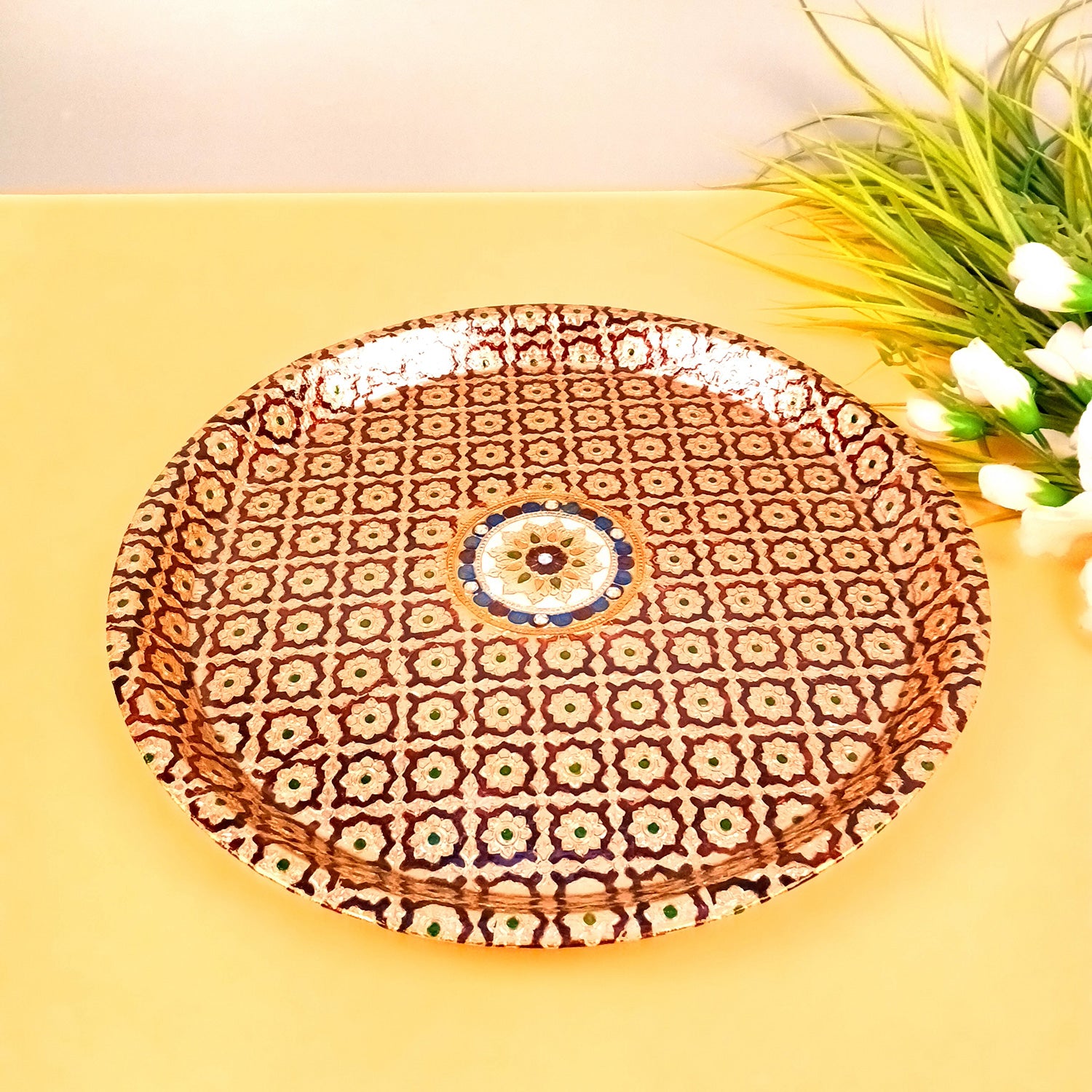 Aarti Thal | Meenakari Pooja Thali Plate Design - For Puja, Temple, Rakhi, Diwali, Karwa Chauth, weddings & Festivals - 12 Inch - Apkamart #Style_Design 1