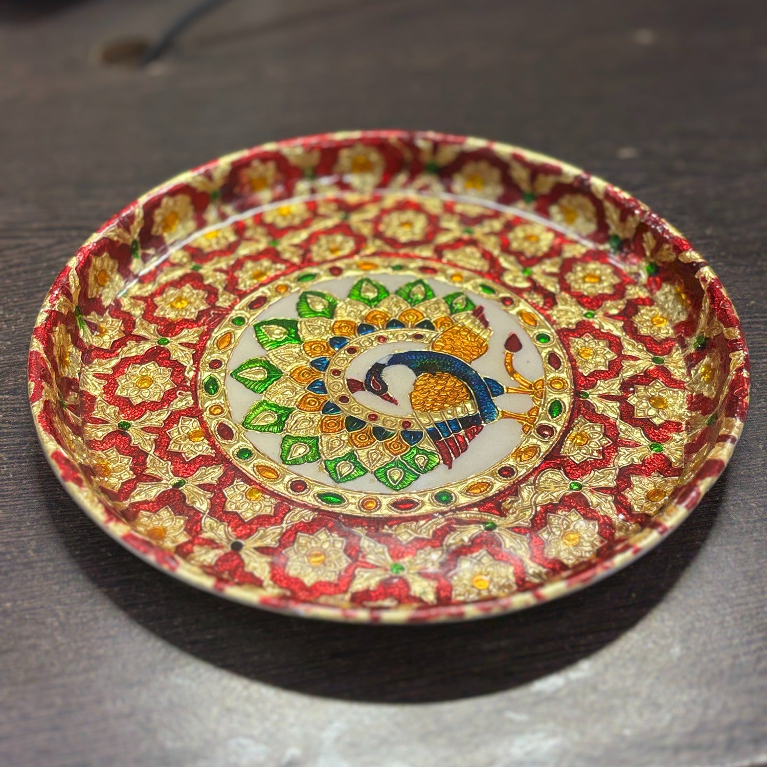 Peacock Design Pooja Thali for Diwali Karwa Chauth Festival | Decorative Pooja Thali for Home Mandir Temple and Religious Occasions - 8 Inch - Apkamart