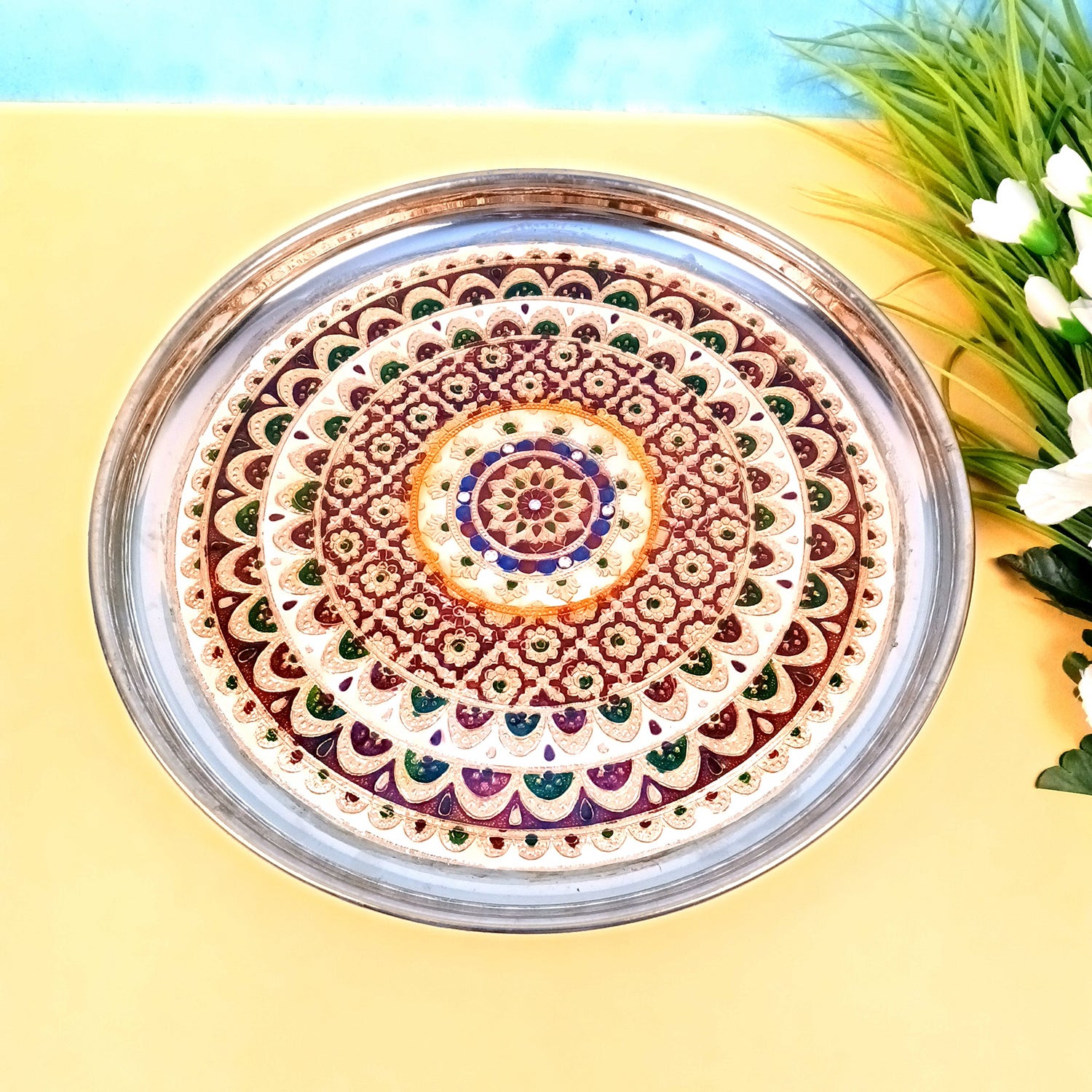 Puja Thali | Aarti Plate with Meenakari Work & Peacock Design - for Pooja, Weddings, Temple, Rakhi, Karwachauth & Festival Decor - 16 Inch - Apkamart