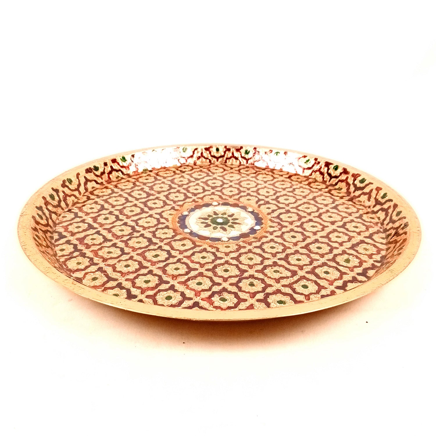 Pooja Thali Steel | Minakari Aarti Plate - Design - For Puja, Temple, Rakhi, Diwali, Karwa Chauth, weddings & Festivals - 13 Inch - Apkamart #Style_Design 1