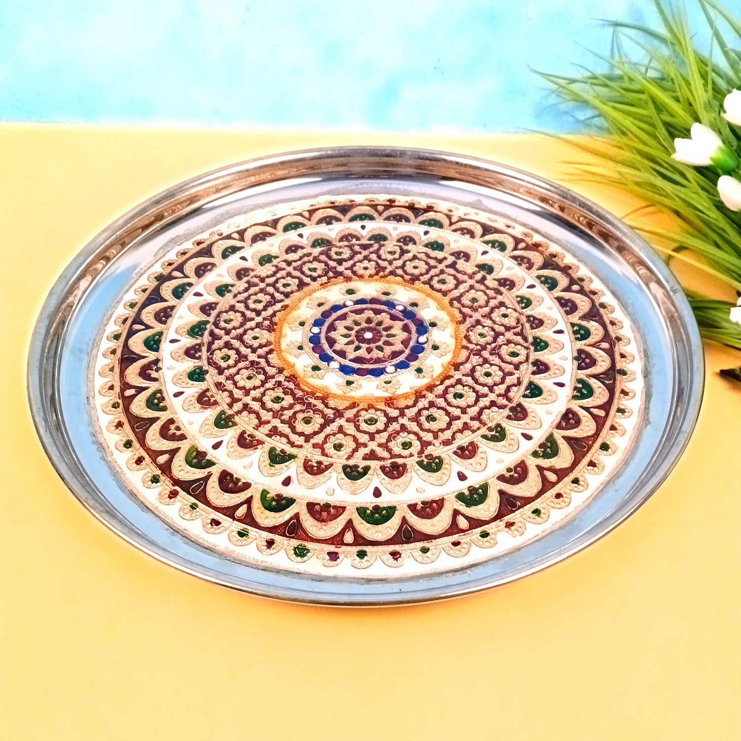 Puja Thali | Aarti Plate with Meenakari Work & Peacock Design - for Pooja, Weddings, Temple, Rakhi, Karwachauth & Festival Decor - 16 Inch - Apkamart