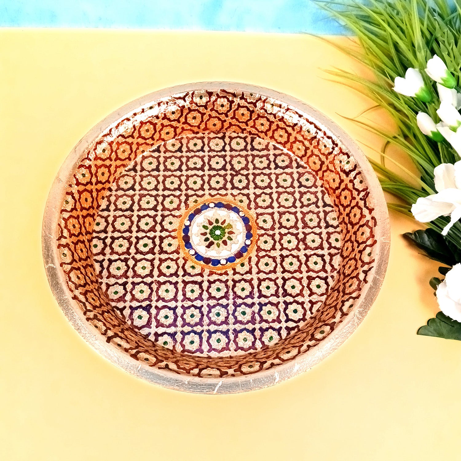 Puja Thali | Aarti Plate with Meenakari Work & Peacock Design - for Pooja, Weddings, Temple, Rakhi, Karwachauth & Festival Decor - 14 Inch - Apkamart #Style_Design 1