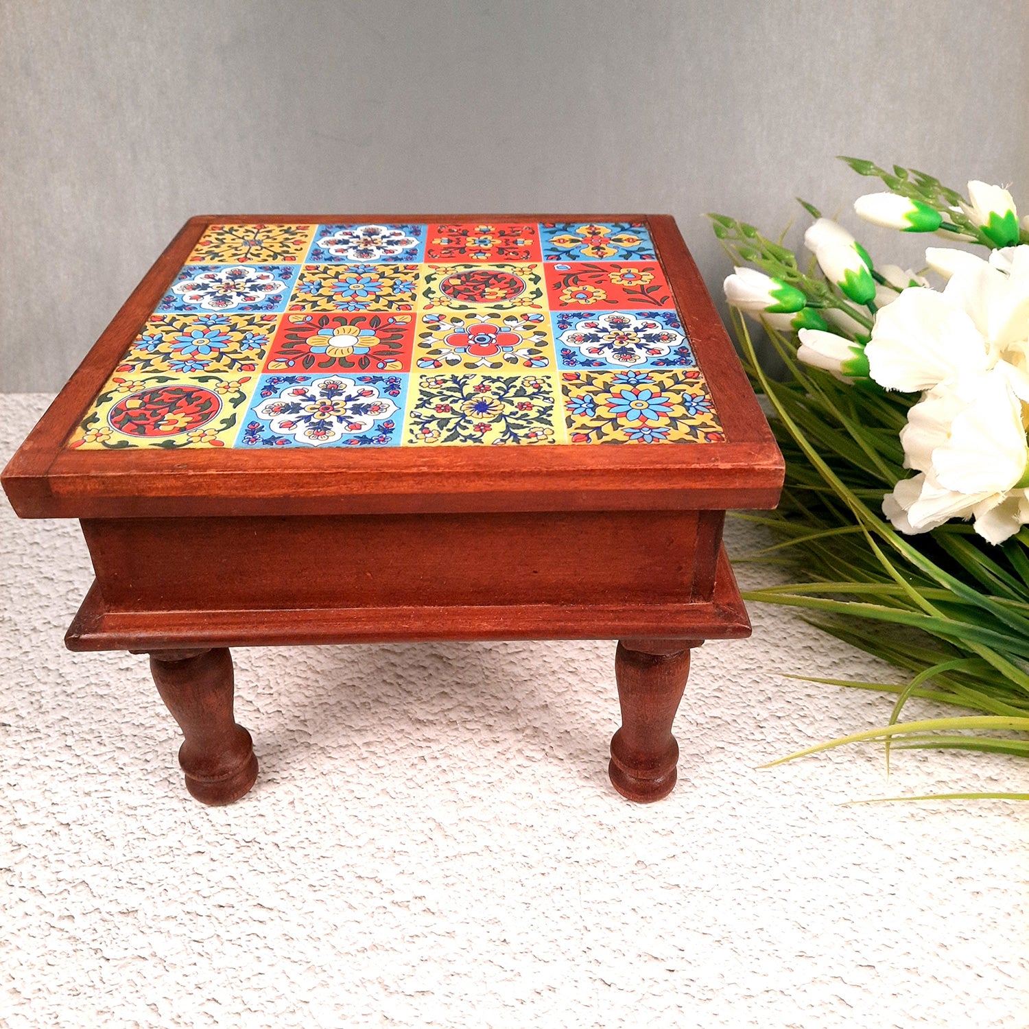 Wooden Chowki Bajot | Decorative Choki / Peeta - For Home, Living Room, Sitting, Sofa Corners Decor & Gifts - 9 Inch - Apkamart