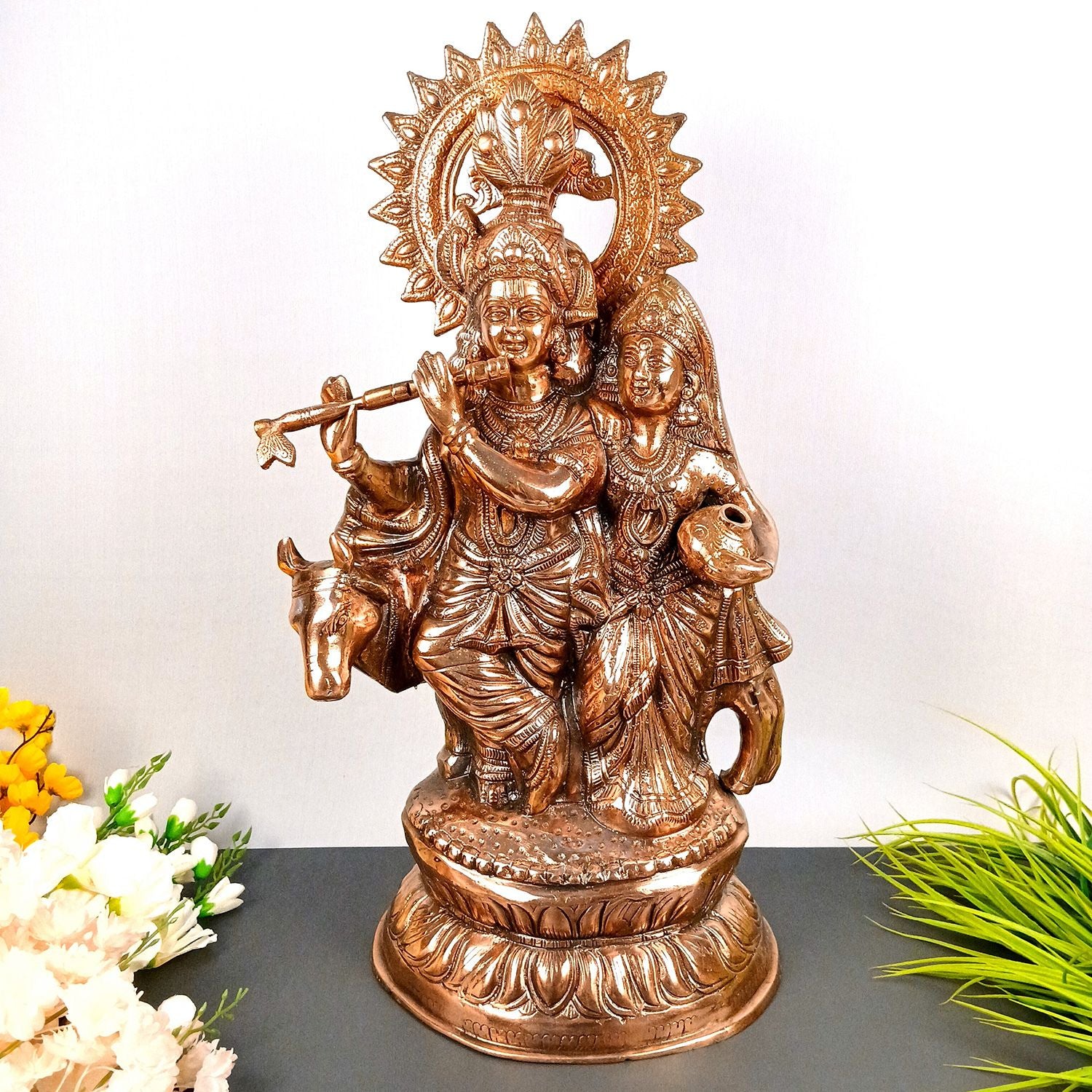 Radha Krishna Statue | Shri Radhe Krishna With Cow Idol Murti - for Home, Table, Living Room, Office, Puja , Entrance Decoration & Gifts - 26 Inch - Apkamart
