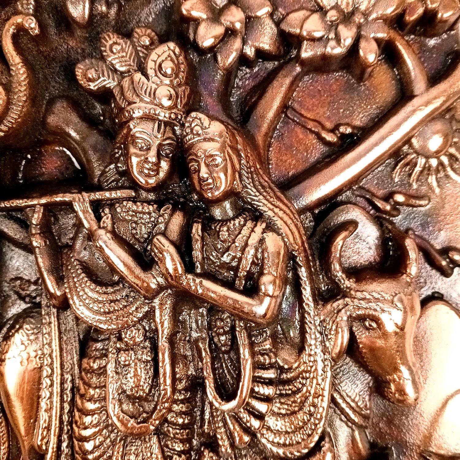Radha Krishna Wall Hanging Idol | Krishna Playing Flute / Bansuri With Cow Wall Decor - for Home, Living Room, Office, Puja, Entrance Decoration & Gift - 10 Inch - Apkamart