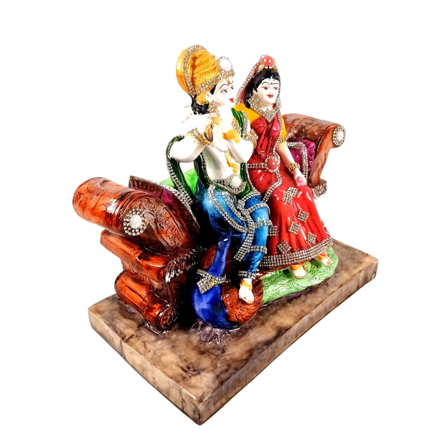 Radha Krishna Statue Sitting on Sinhasan | Radhe Krishna Idol with Flute for Home, Festive Decor, Pooja Room & Vastu Decor - 9 Inch - Apkamart
