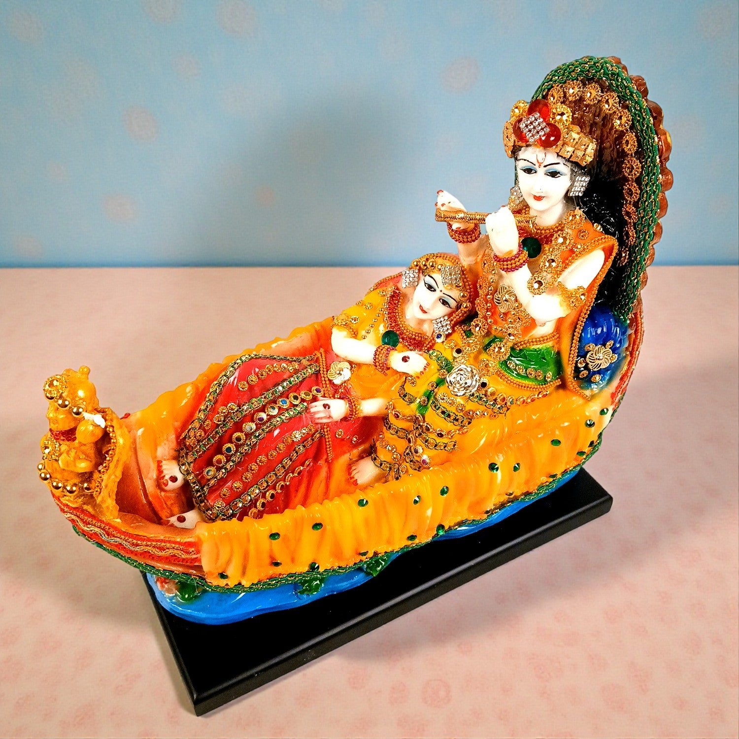 Radha Krishna Statue | Radhe Krishna Idol Sitting on Boat for Home, Pooja Room & Vastu | Religious Table Decor Showpiece & Diwali Gift - 12 Inch - Apkamart