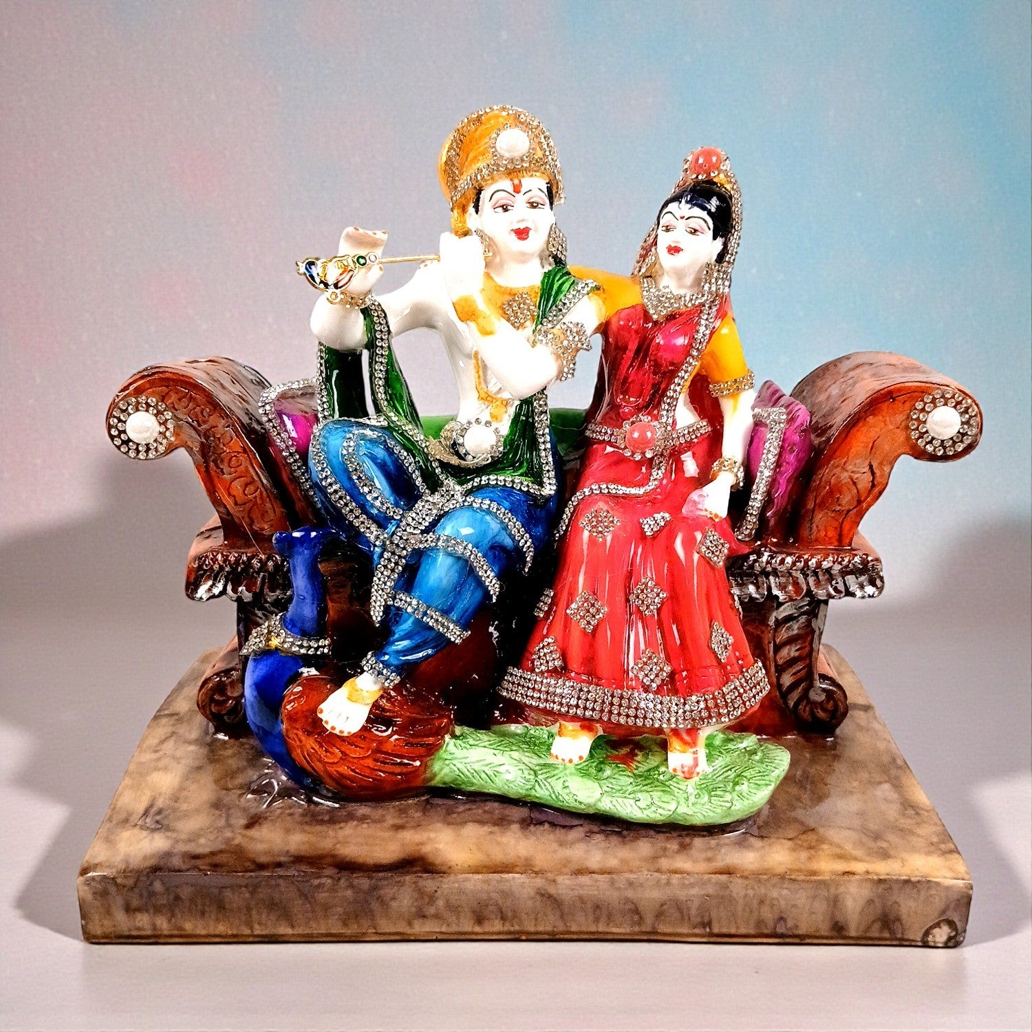 Radha Krishna Statue Sitting on Sinhasan | Radhe Krishna Idol with Flute for Home, Festive Decor, Pooja Room & Vastu Decor - 9 Inch - Apkamart