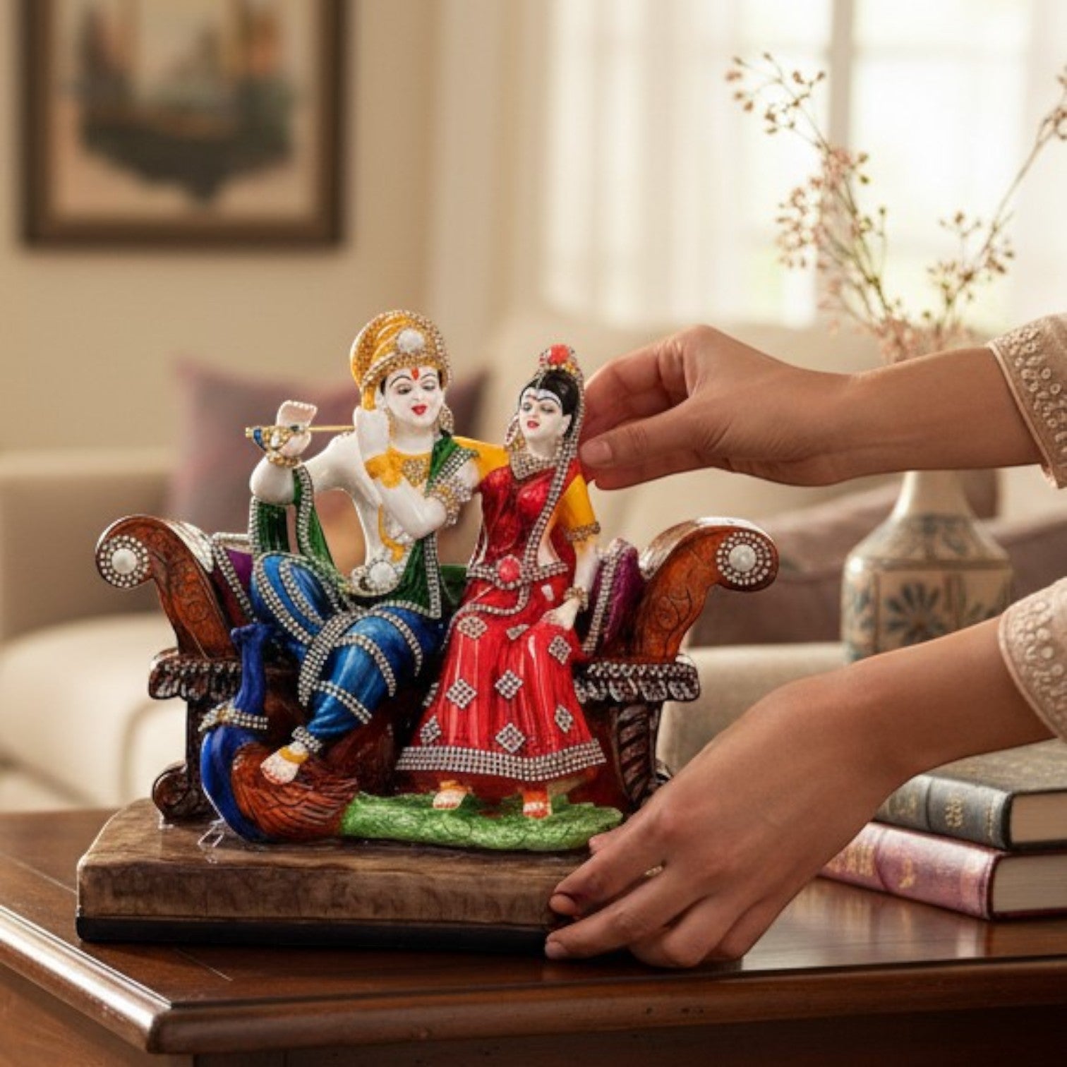 Radha Krishna Statue Sitting on Sinhasan | Radhe Krishna Idol with Flute for Home, Festive Decor, Pooja Room & Vastu Decor - 9 Inch - Apkamart