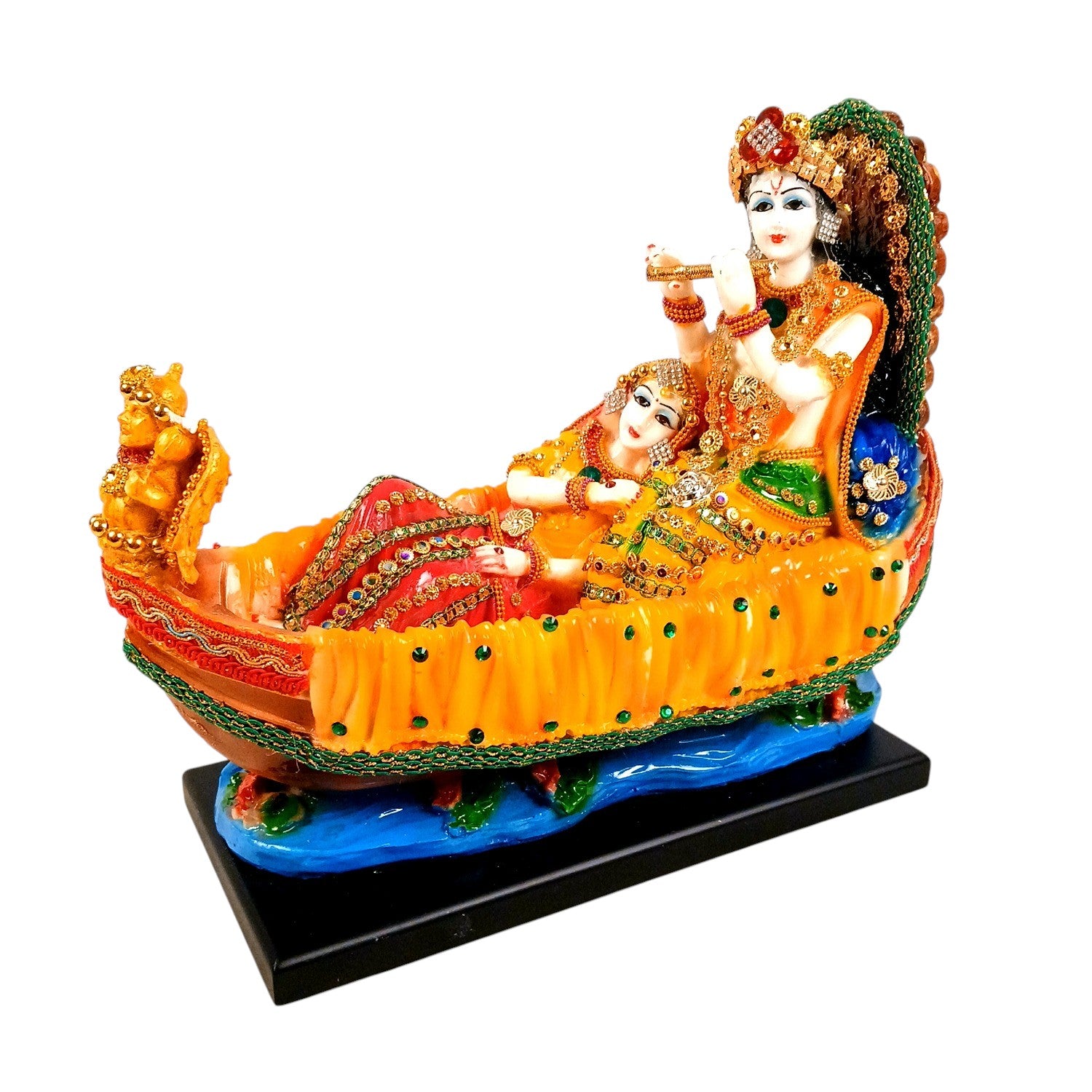 Radha Krishna Statue | Radhe Krishna Idol Sitting on Boat for Home, Pooja Room & Vastu | Religious Table Decor Showpiece & Diwali Gift - 12 Inch - Apkamart