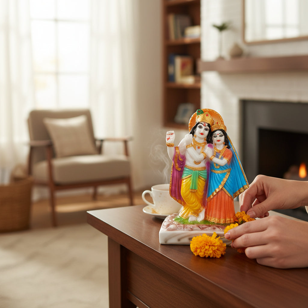 Radha Krishna Statue | Radhe Krishna Idol for Home, Pooja Room & Vastu | Religious Table Decor Showpiece & Diwali Gift | Housewarming, Festival Gifting - 8 Inch - Apkamart