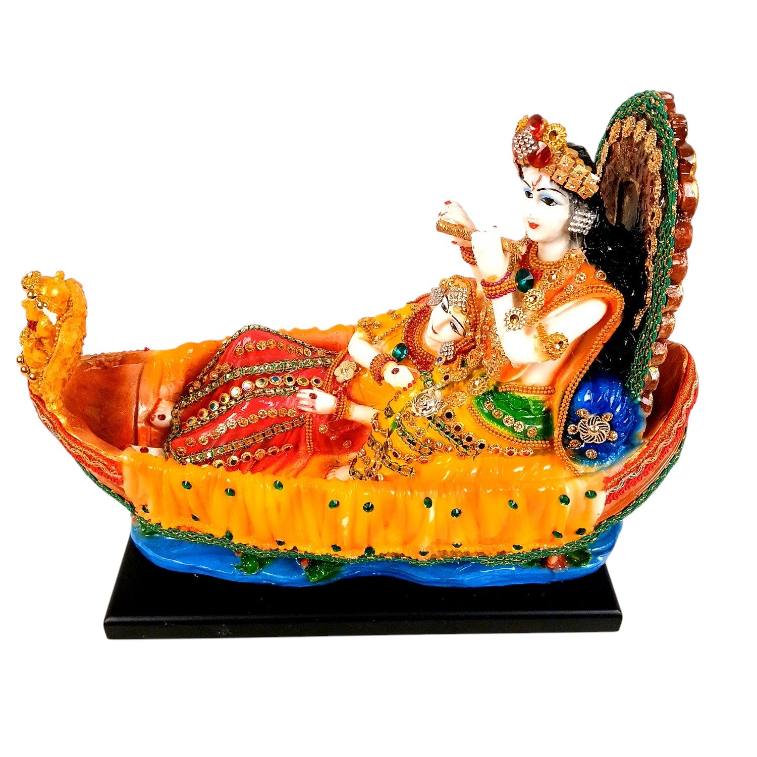 Radha Krishna Statue | Radhe Krishna Idol Sitting on Boat for Home, Pooja Room & Vastu | Religious Table Decor Showpiece & Diwali Gift - 12 Inch - Apkamart