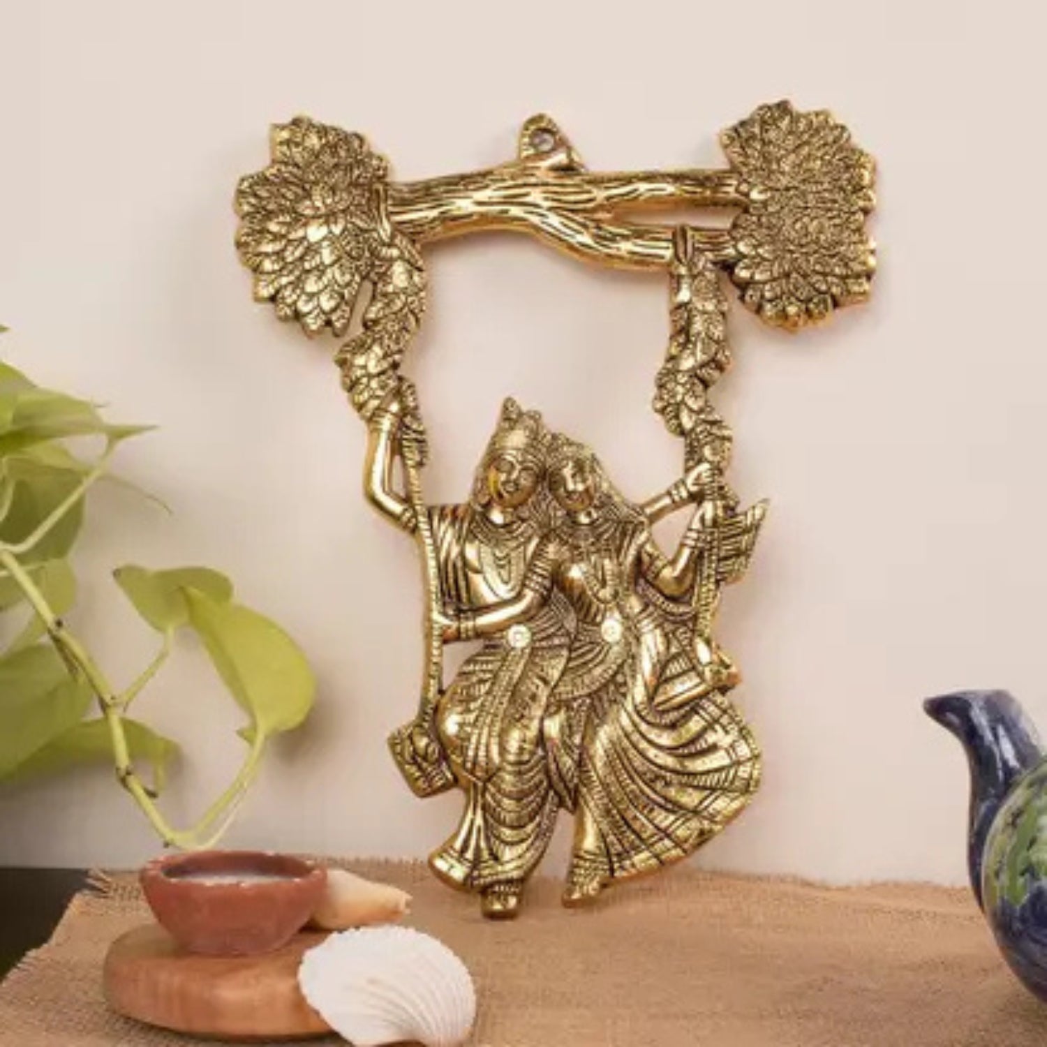 Radha Krishna Tree Jhula Wall Hanging Decorative Showpiece | Spiritual Hindu God Wall Decor for Home Temple Living Room | Religious Showpiece Gift Item - 11 Inch - Apkamart