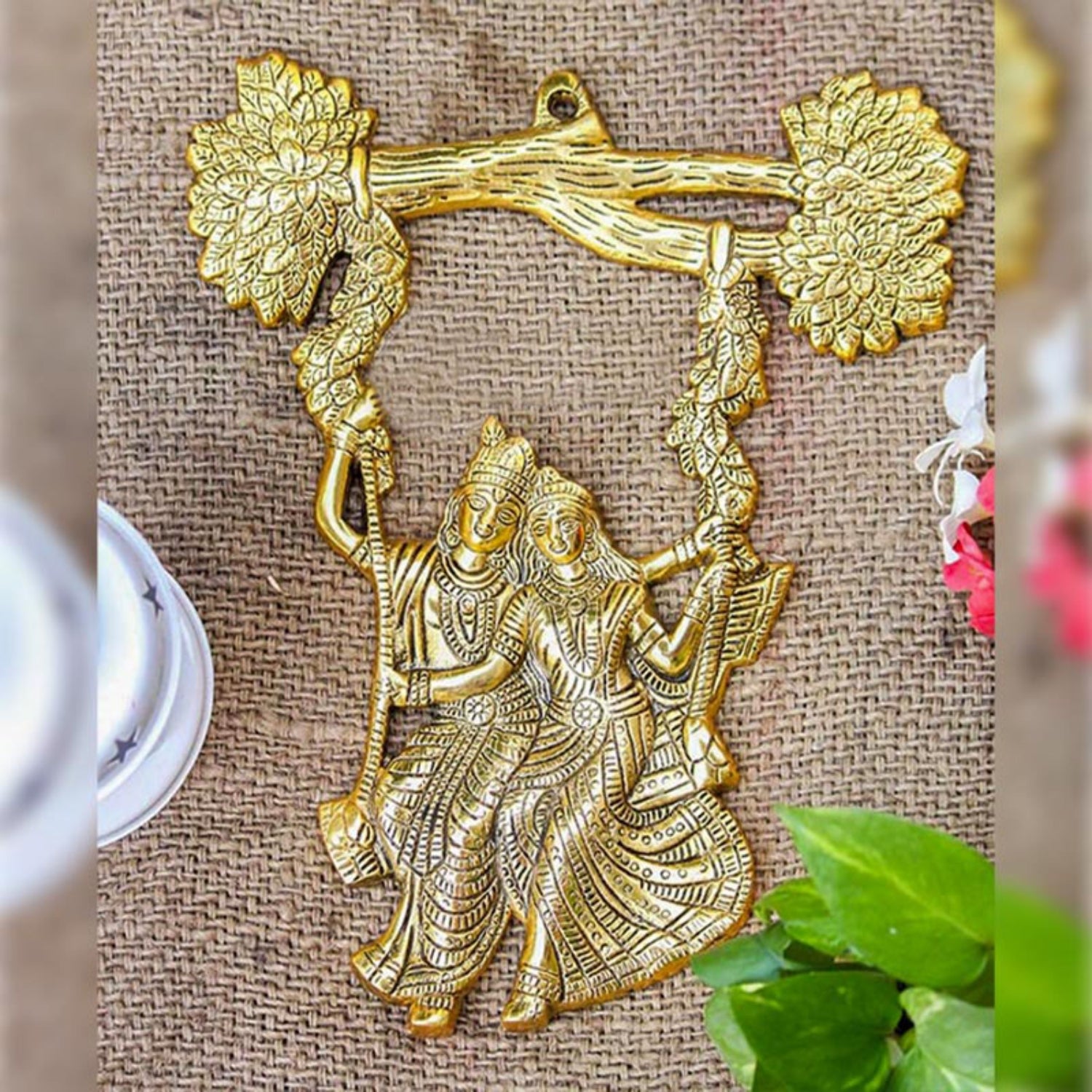 Radha Krishna Tree Jhula Wall Hanging Decorative Showpiece | Spiritual Hindu God Wall Decor for Home Temple Living Room | Religious Showpiece Gift Item - 11 Inch - Apkamart