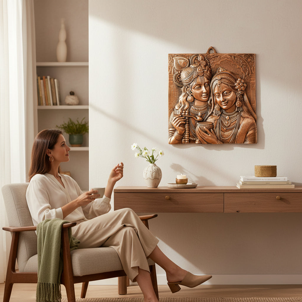 Radha Krishna Wall Hanging | Decorative Metal Wall Art Showpiece for Home Decoration | Lord Krishna Murti Wall Décor for Living Room, Bedroom, Mandir & Gifts - 17 Inch - Apkamart