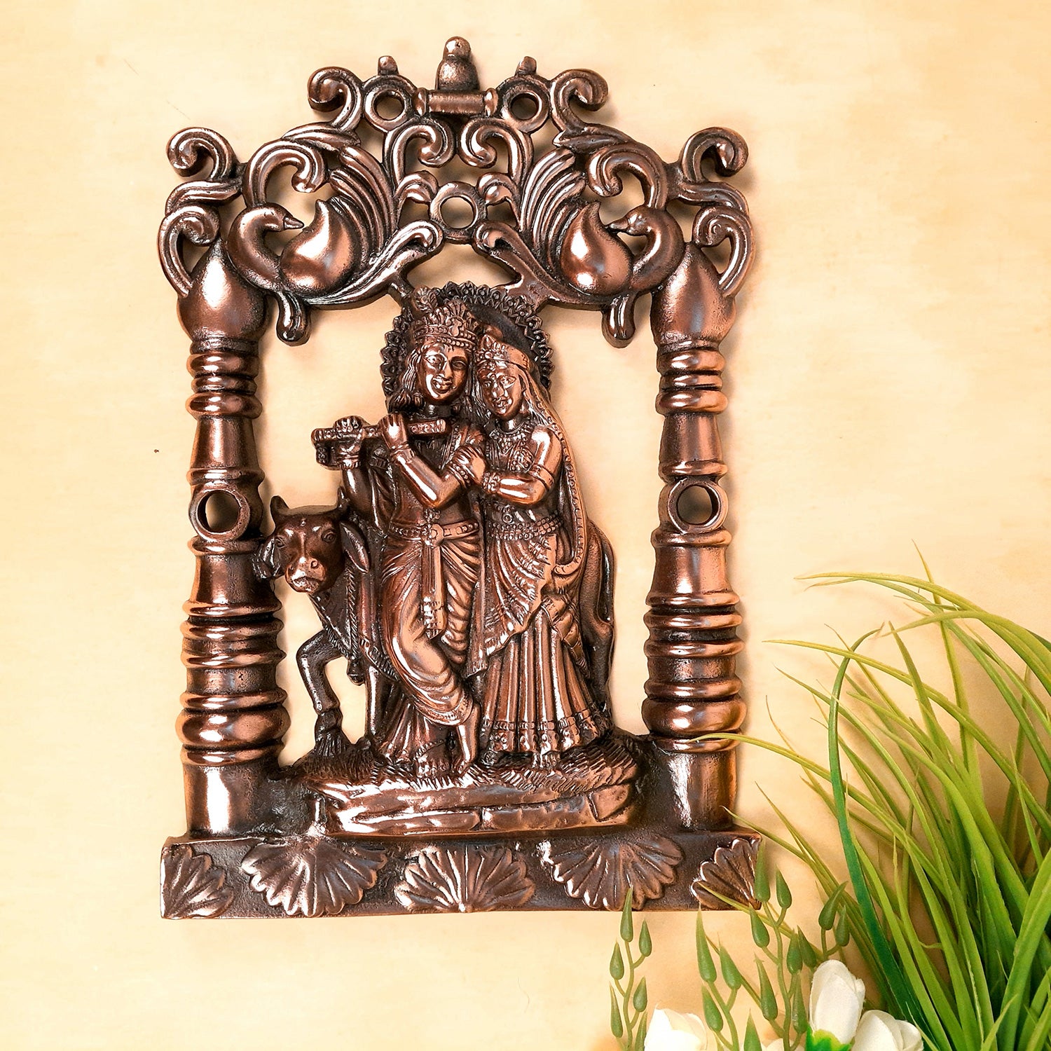 Radha Krishna Wall Hanging Idol | Shri Radha Krishna With Cow Wall Decor Statue Murti - for Gift, Home, Living Room, Office, Puja Room Decoration & Wedding Gifts - 14 Inch - Apkamart