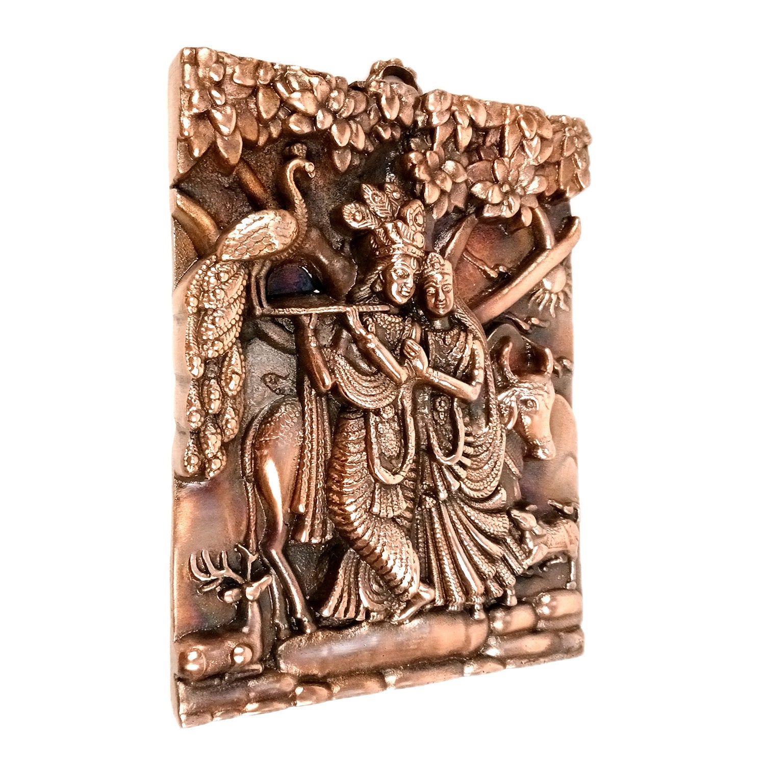 Radha Krishna Wall Hanging Idol | Krishna Playing Flute / Bansuri With Cow Wall Decor - for Home, Living Room, Office, Puja, Entrance Decoration & Gift - 10 Inch - Apkamart