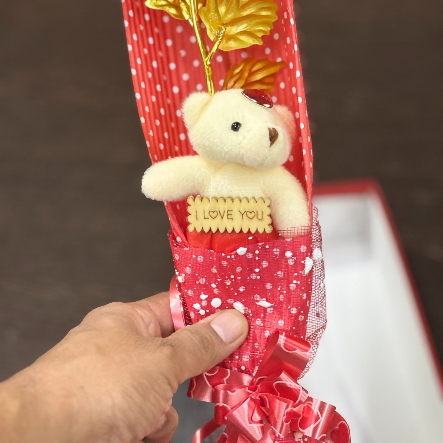 Artificial Golden Rose Flower With Teddy | Valentine Gift for Girlfriend, Wife & Loved Ones | Decorative Rose for Anniversary, Valentine, Birthday & Romantic Gift - 13 Inch - Apkamart