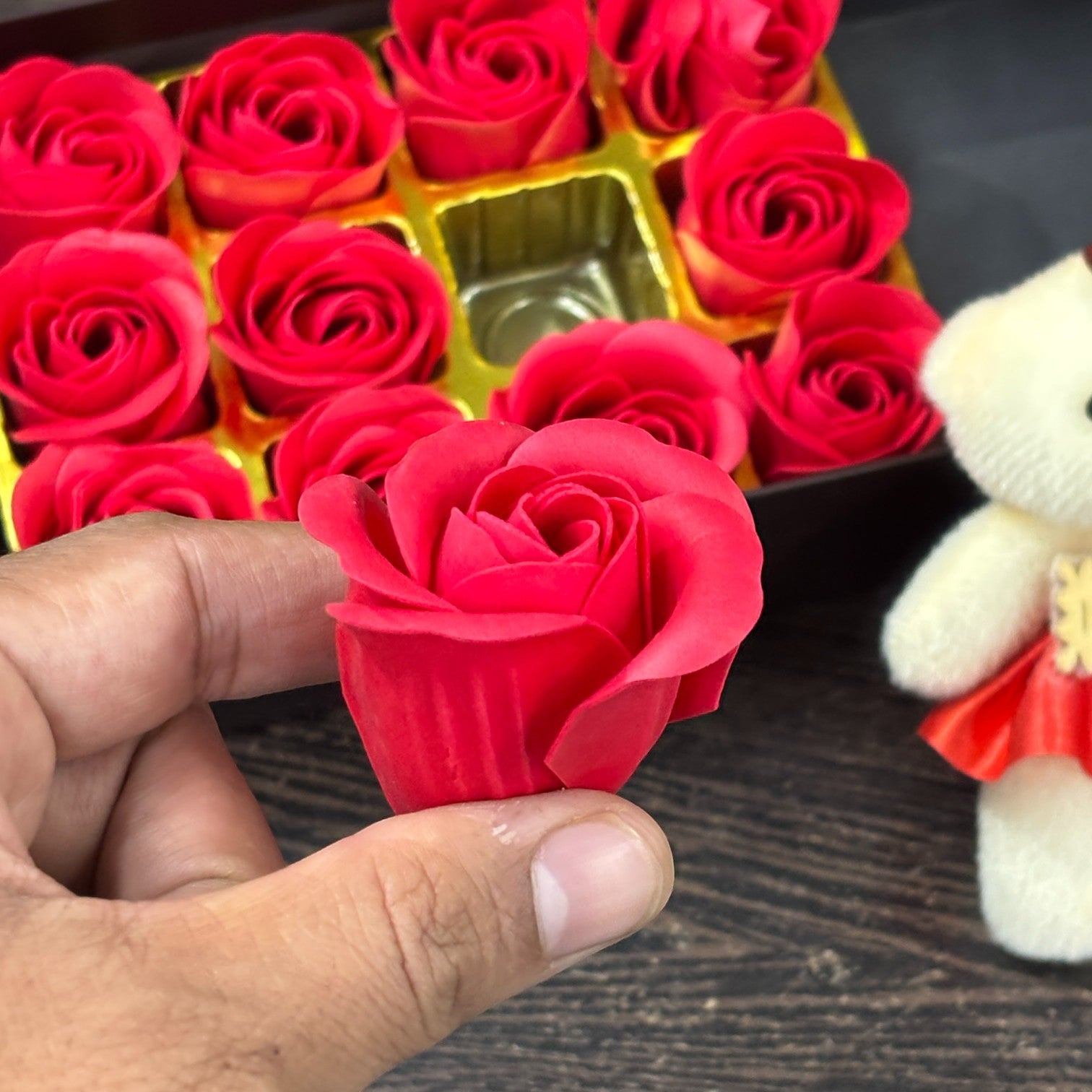 Artificial Red Roses with Teddy Bear | Valentine Gift Combo for Girlfriend, Wife & Loved Ones | Romantic Soft Toy & Rose Gift Set for Birthday - 9 Inch
